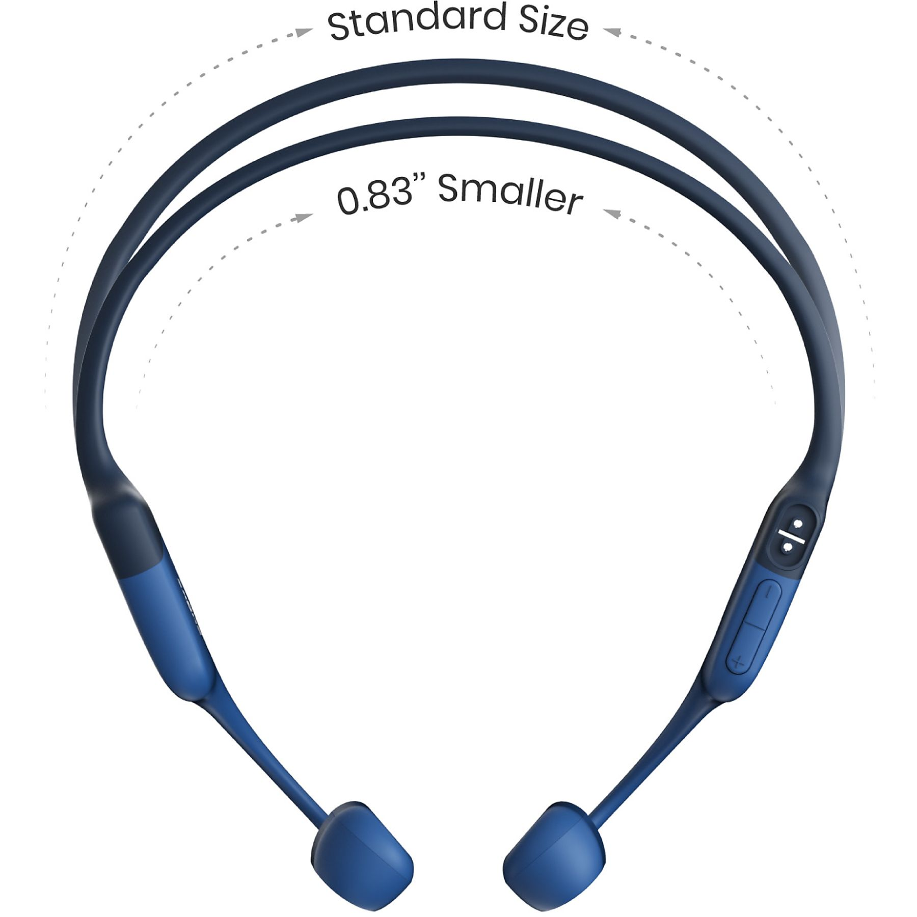 Niebieskie słuchawki bezprzewodowe na białym tle. Tekst wskazuje standardowy rozmiar i 0,83" mniejszy.