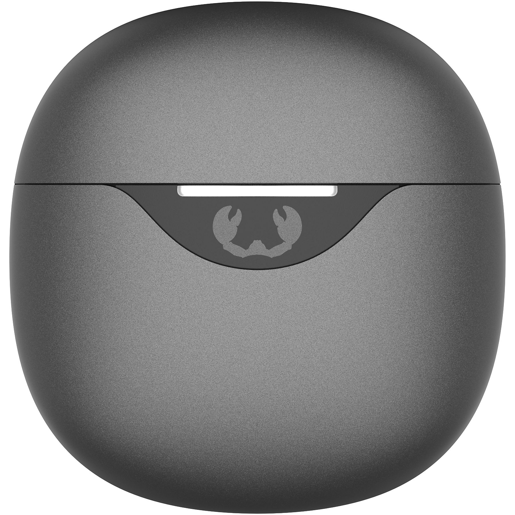 Szare, owalne etui na słuchawki. Ma ciemnoszary obszar z logo kraba u góry.