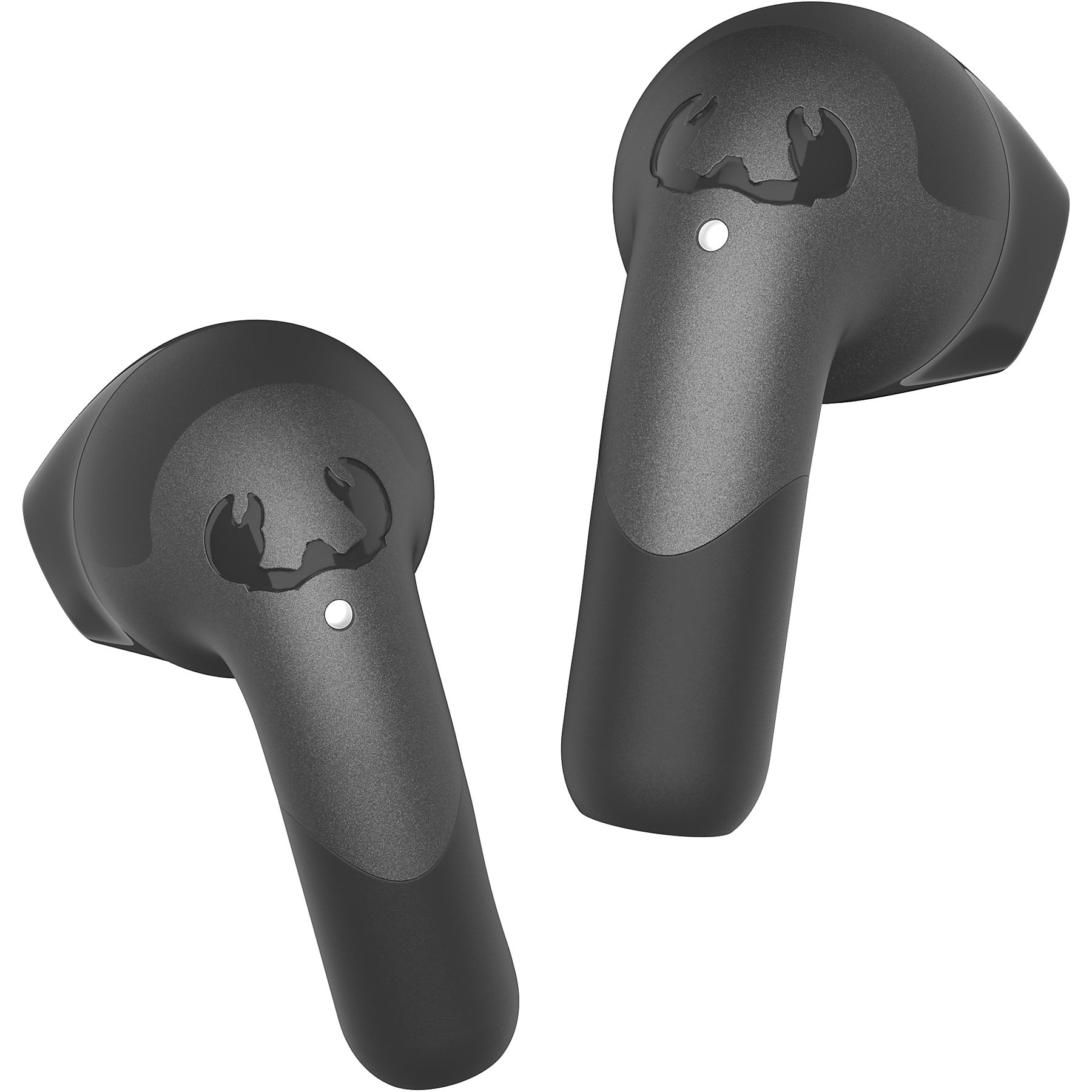 Dwa czarne bezprzewodowe słuchawki na białym tle. Każdy ma logo i białą kropkę.