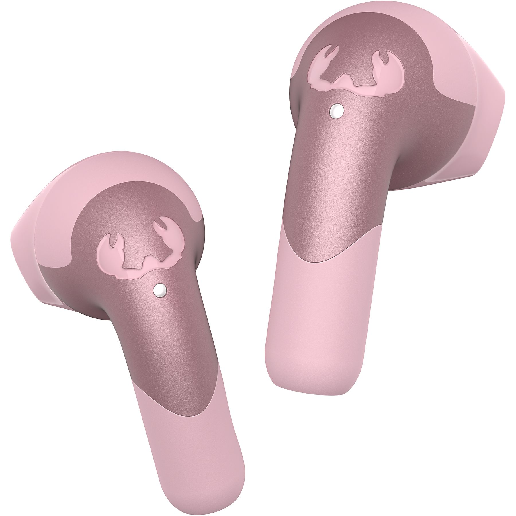 Zwei rosa kabellose Ohrhörer mit Krabbenlogo-Detail auf weißem Hintergrund.