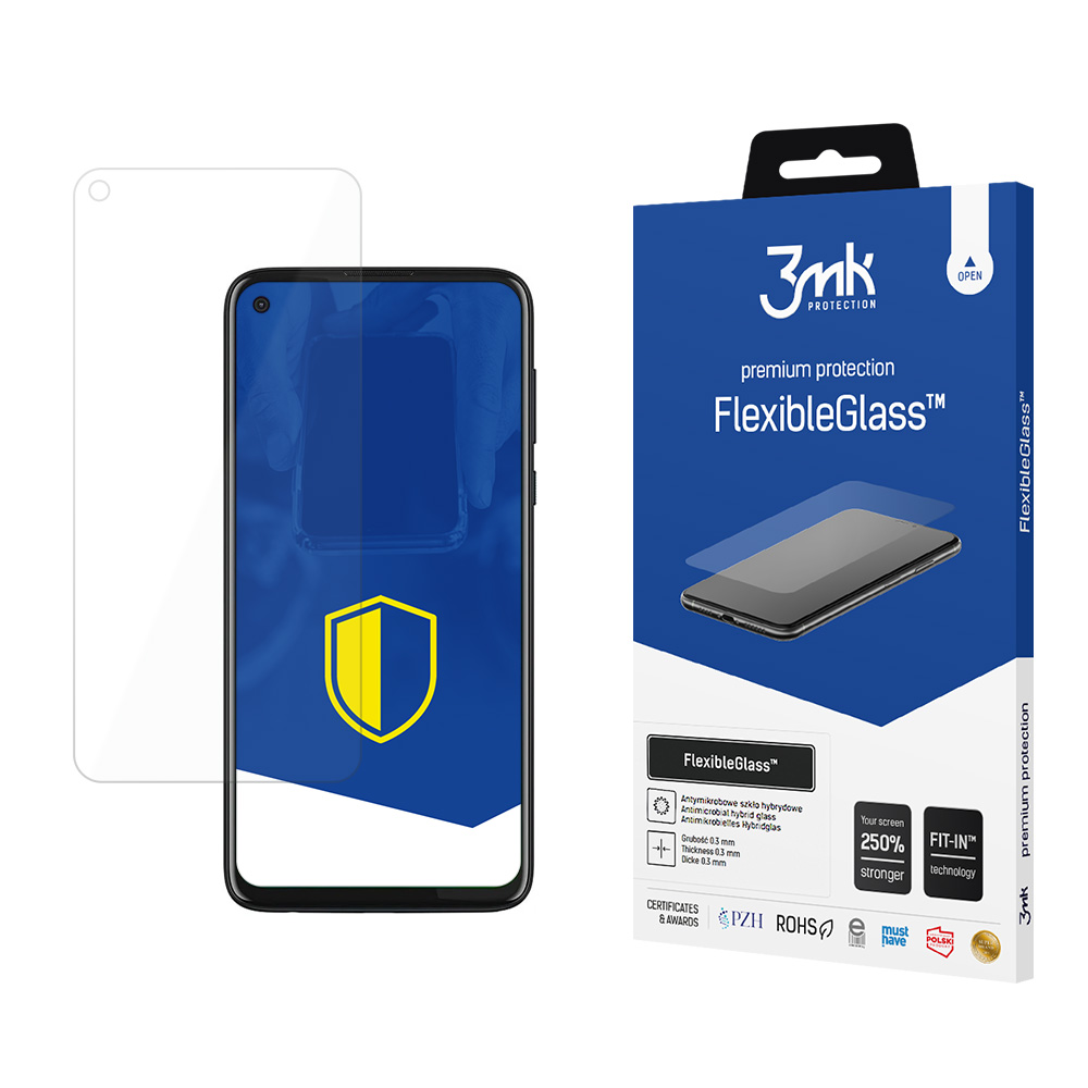 Un telefono e una protezione per lo schermo sono esposti. La protezione è trasparente. La scatola dice FlexibleGlass, con il logo 3mk.