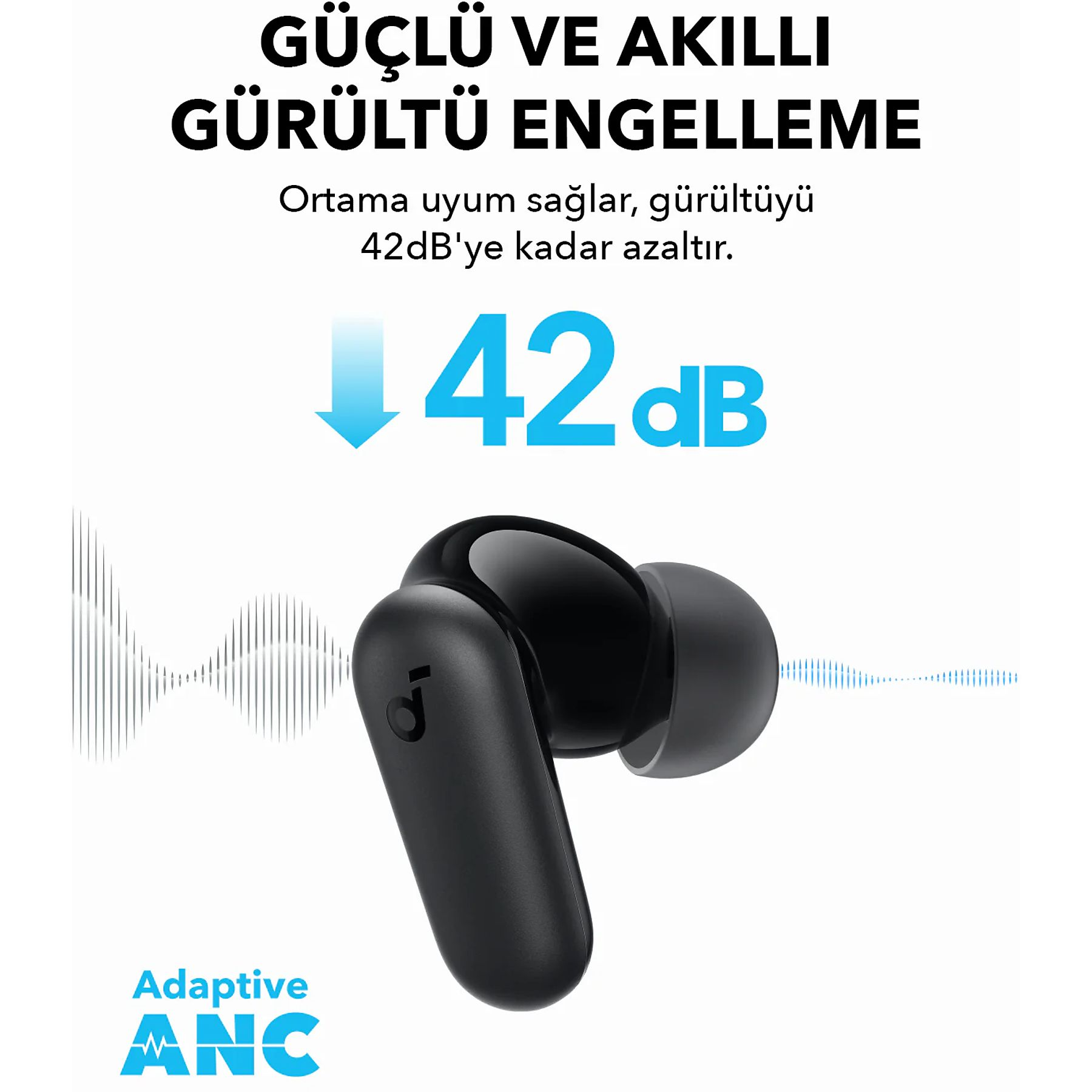 Auricolari wireless neri con funzione di cancellazione del rumore. Il testo dice '42dB' e 'Adaptive ANC'.