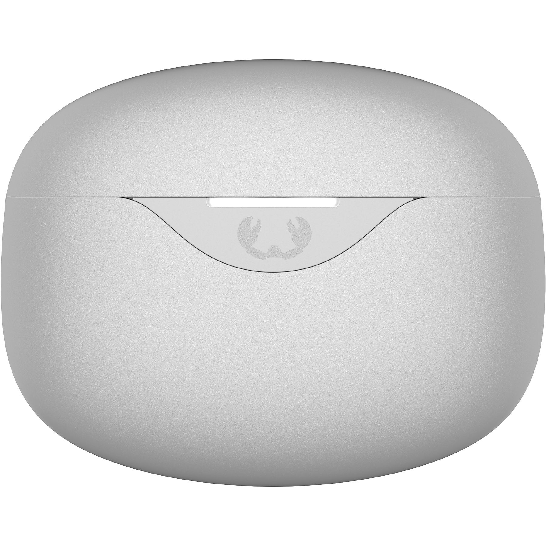 Zbliżenie srebrnego, owalnego etui na słuchawki. Ma gładkie wykończenie z małym logo z przodu.