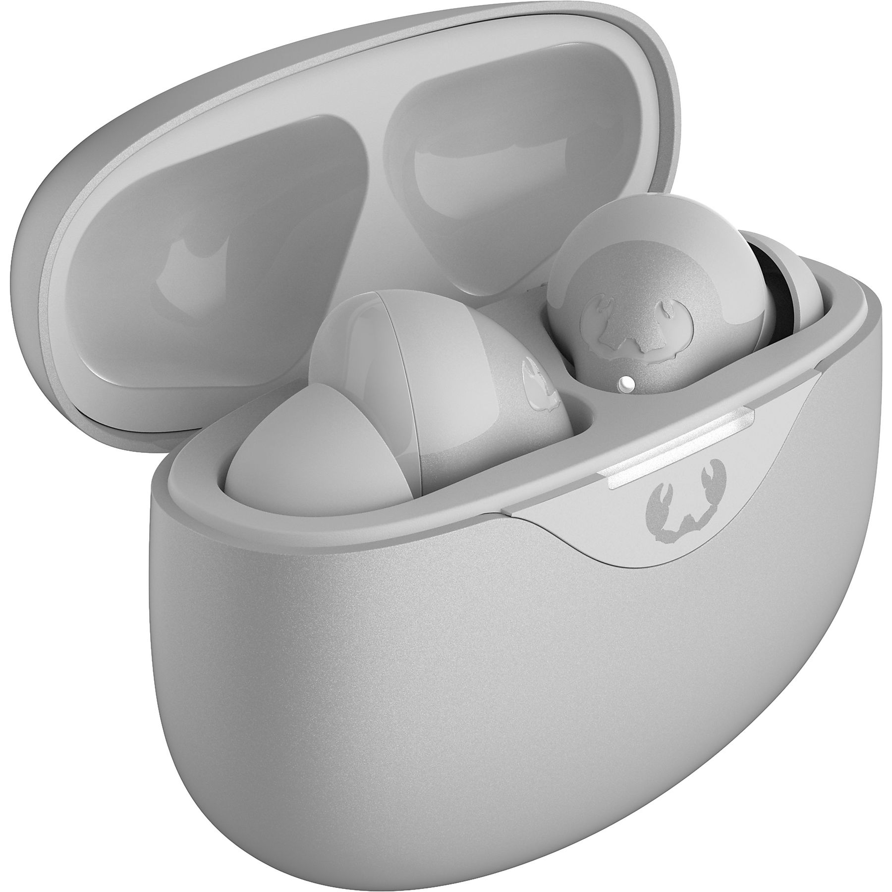 Otwarty szary futerał na słuchawki z dwoma słuchawkami w środku. Futerał jest otwarty, pokazując słuchawki i ich gniazda.
