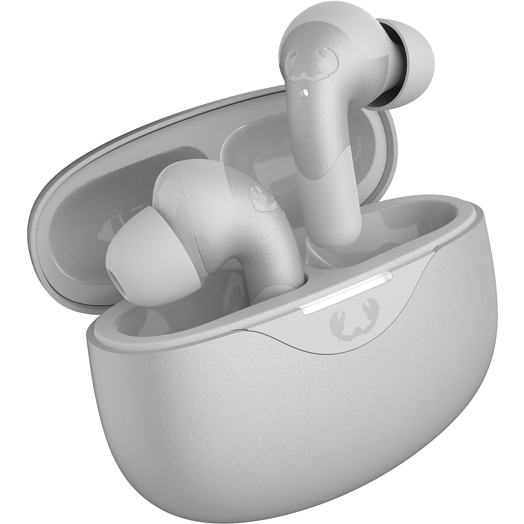 Szare bezprzewodowe słuchawki w etui ładującym. Etui jest otwarte, pokazując słuchawki. Białe tło.