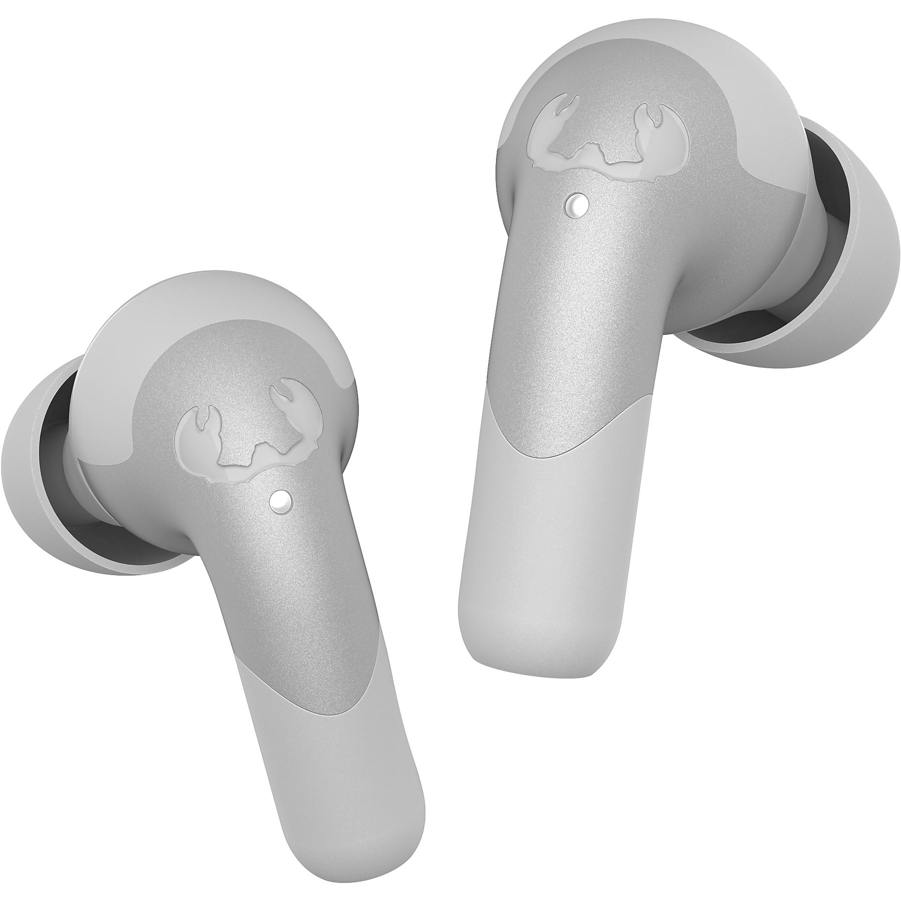 Dwa szare bezprzewodowe słuchawki z logo kraba, wyizolowane na białym tle. Jeden stoi prosto, drugi jest pochylony.