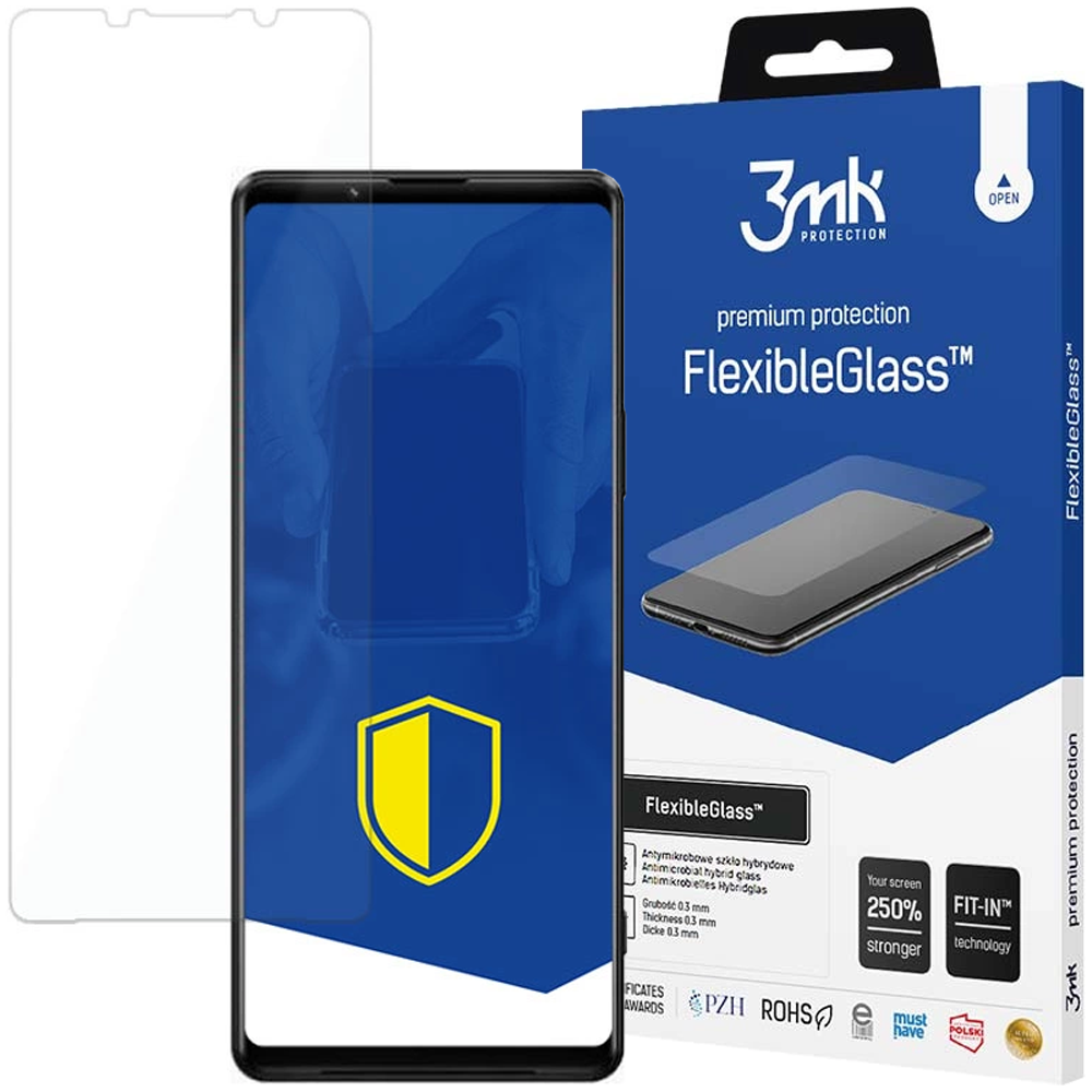 Un proteggi schermo per telefono, un telefono e una scatola con il marchio 3mk. Il telefono mostra uno scudo giallo. La scatola dice FlexibleGlass.
