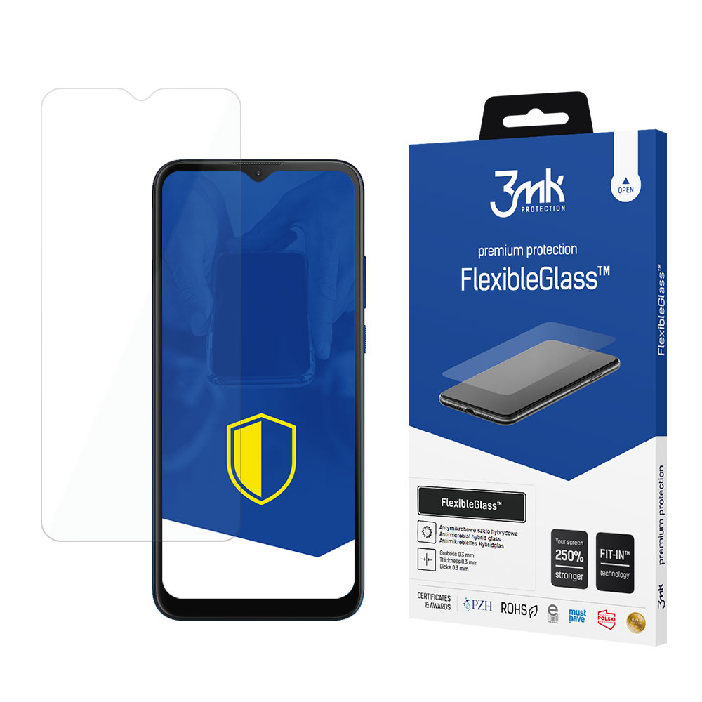 Viene mostrato un proteggi schermo per telefono e la sua scatola, con il marchio '3mk FlexibleGlass'.