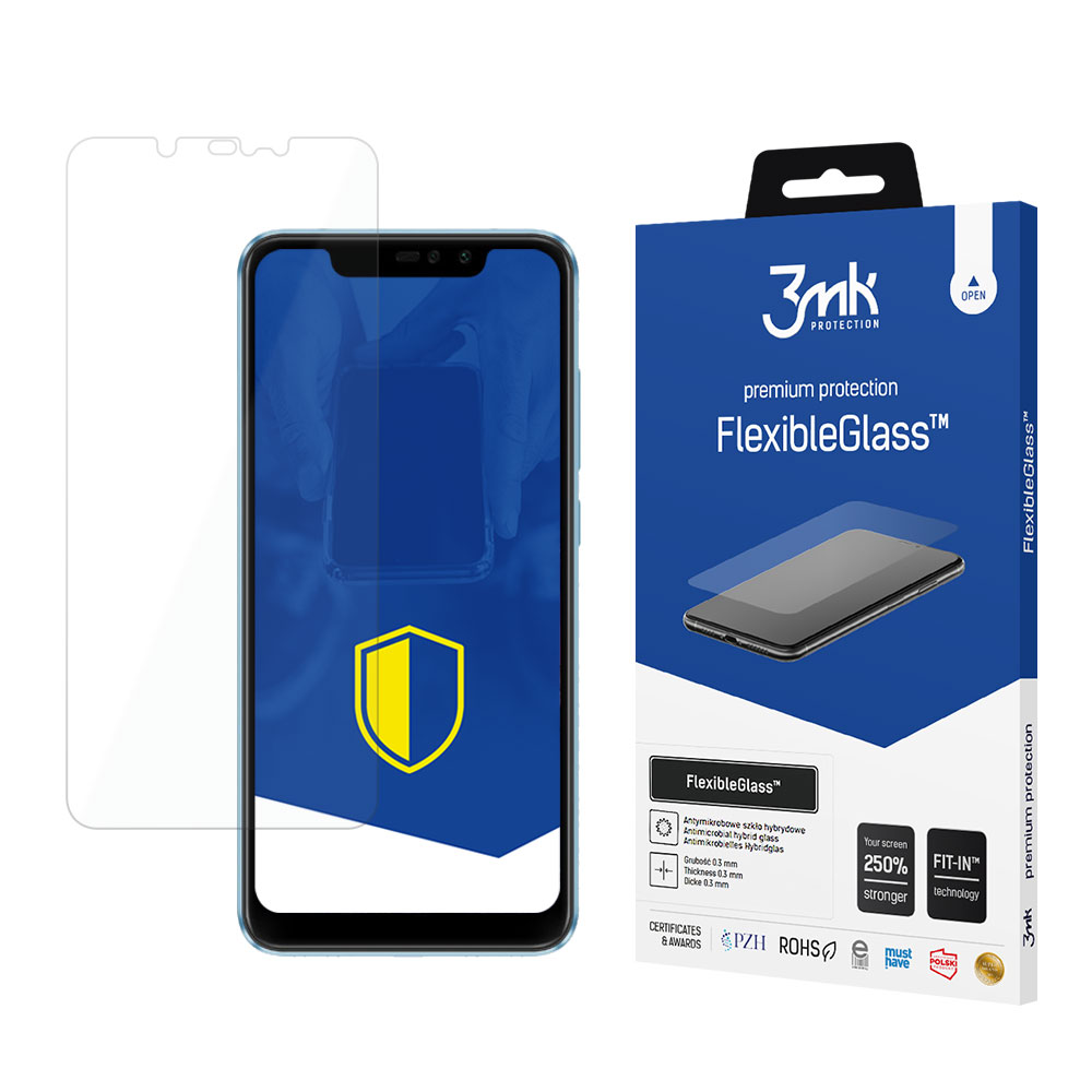 Un telefono con protezione schermo accanto alla scatola FlexibleGlass. La scatola è blu con il nome e il logo del prodotto.