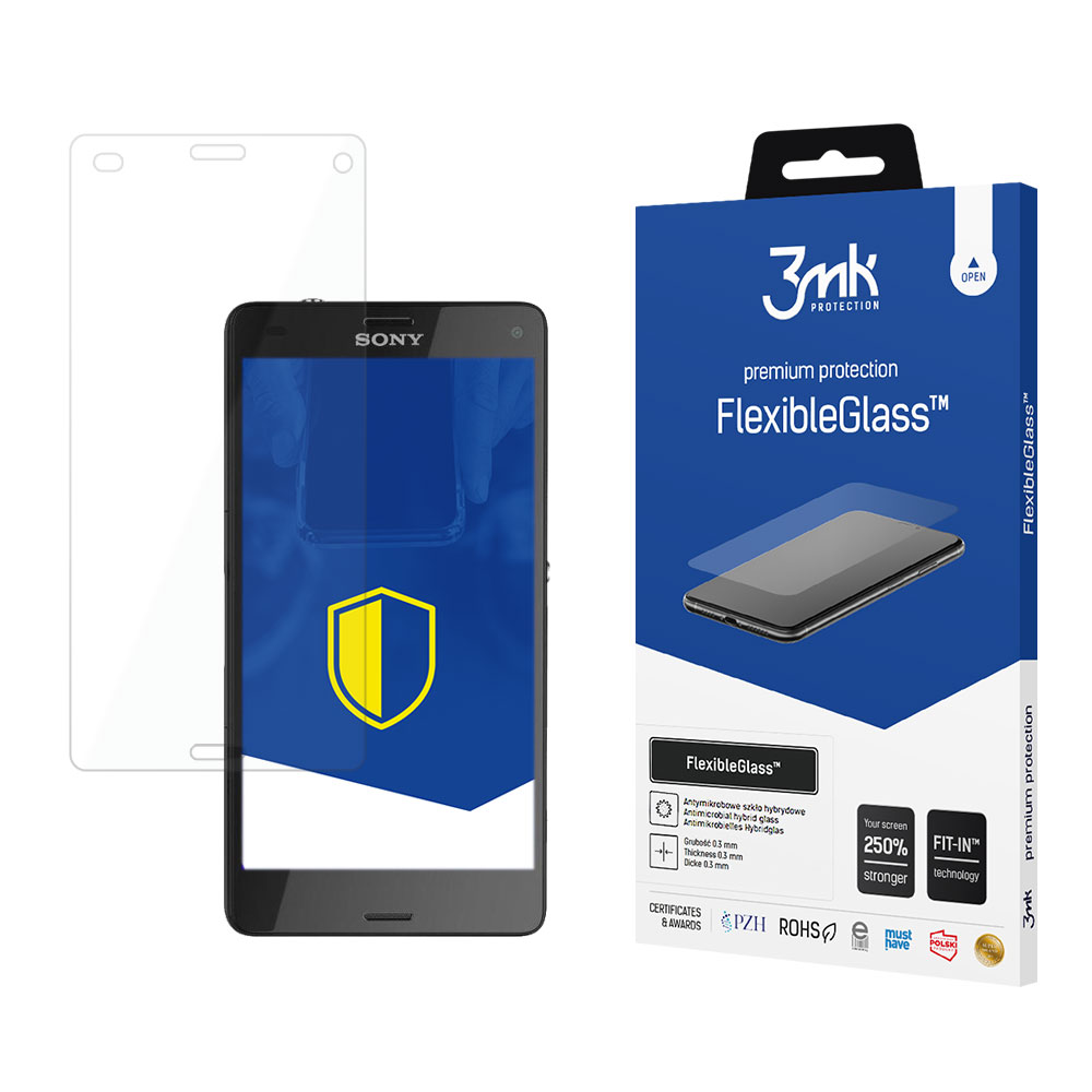 Un telefono e una protezione per lo schermo sono visualizzati. Una scatola blu mostra FlexibleGlass, un prodotto per la protezione dello schermo.