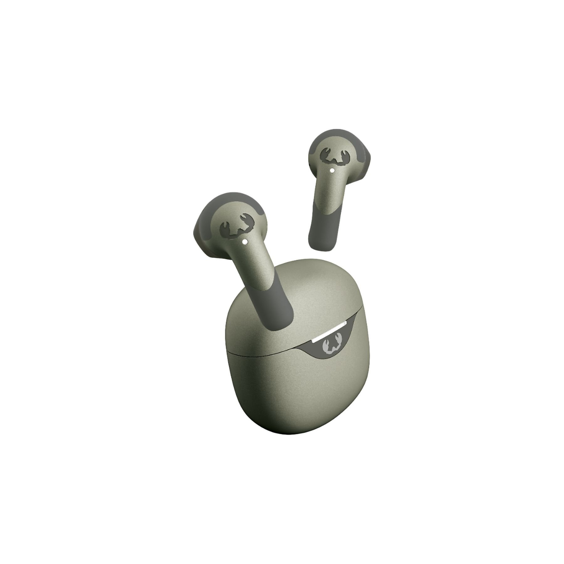 Kabellose Ohrhörer in einem Ladecase. Grau- und olivgrünes Farbschema. Weißer Hintergrund.