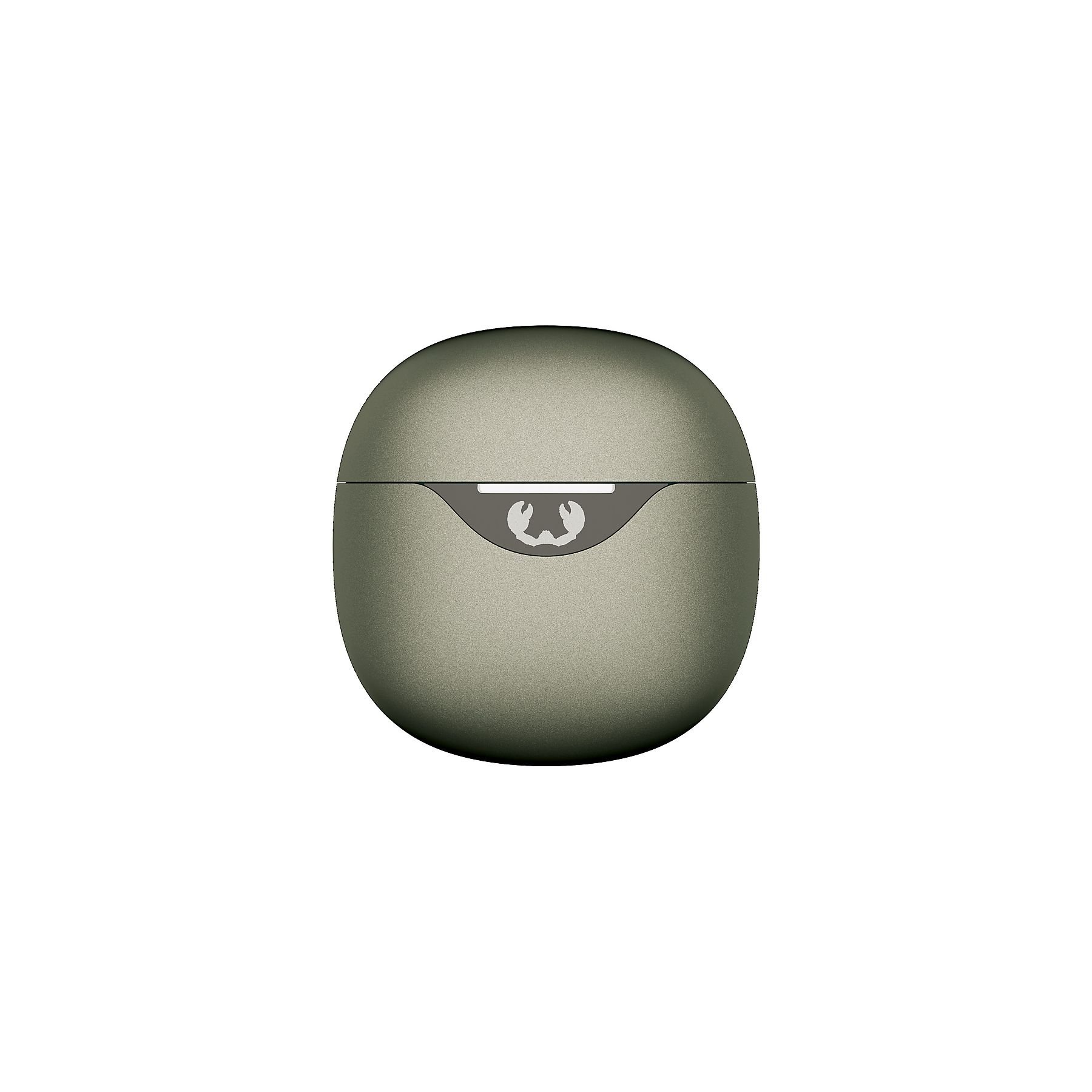 Eine metallisch grüne Kopfhörerhülle auf weißem Hintergrund. Die Hülle ist oval mit einem Logo vorne.