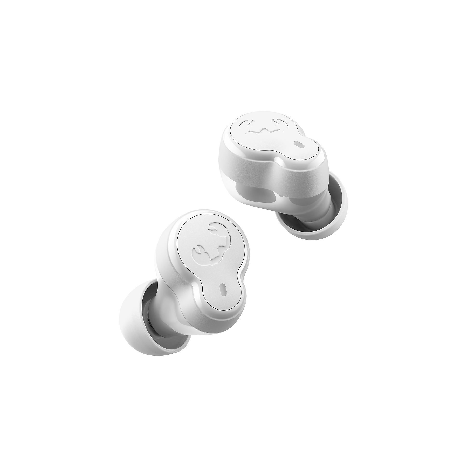 Zwei weiße Ohrhörer auf weißem Hintergrund. Jeder Ohrhörer hat das Skullcandy-Logo und eine graue Ohrspitze.