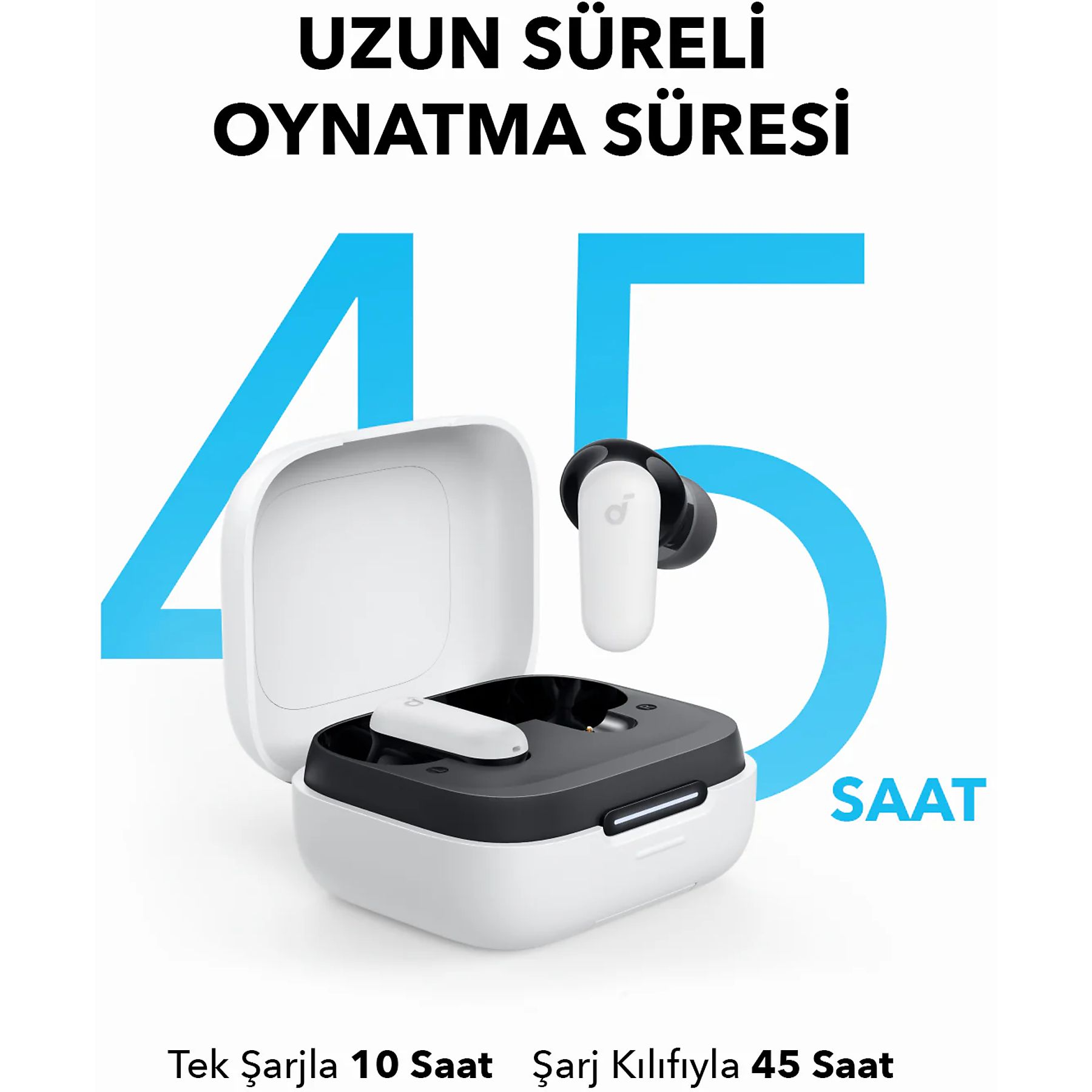 L'immagine mostra auricolari in custodia, con il numero 45 e la parola 'SAAT' (ora). I testi indicano 10 e 45 ore di riproduzione.