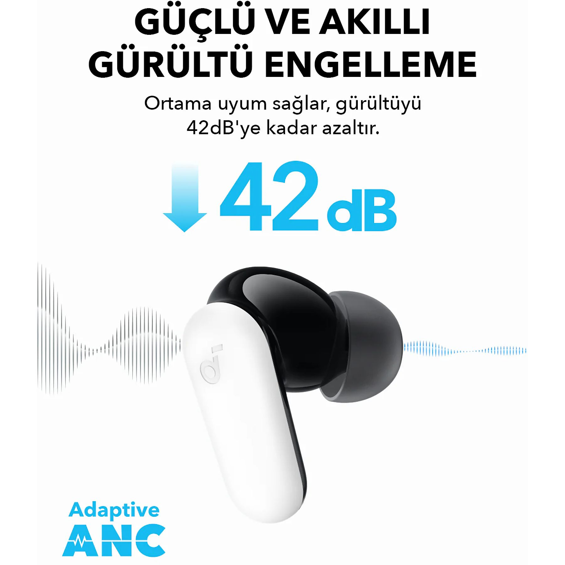 Auricolari con cancellazione del rumore. Il testo dice '42dB'. Schema di colori bianco e nero.
