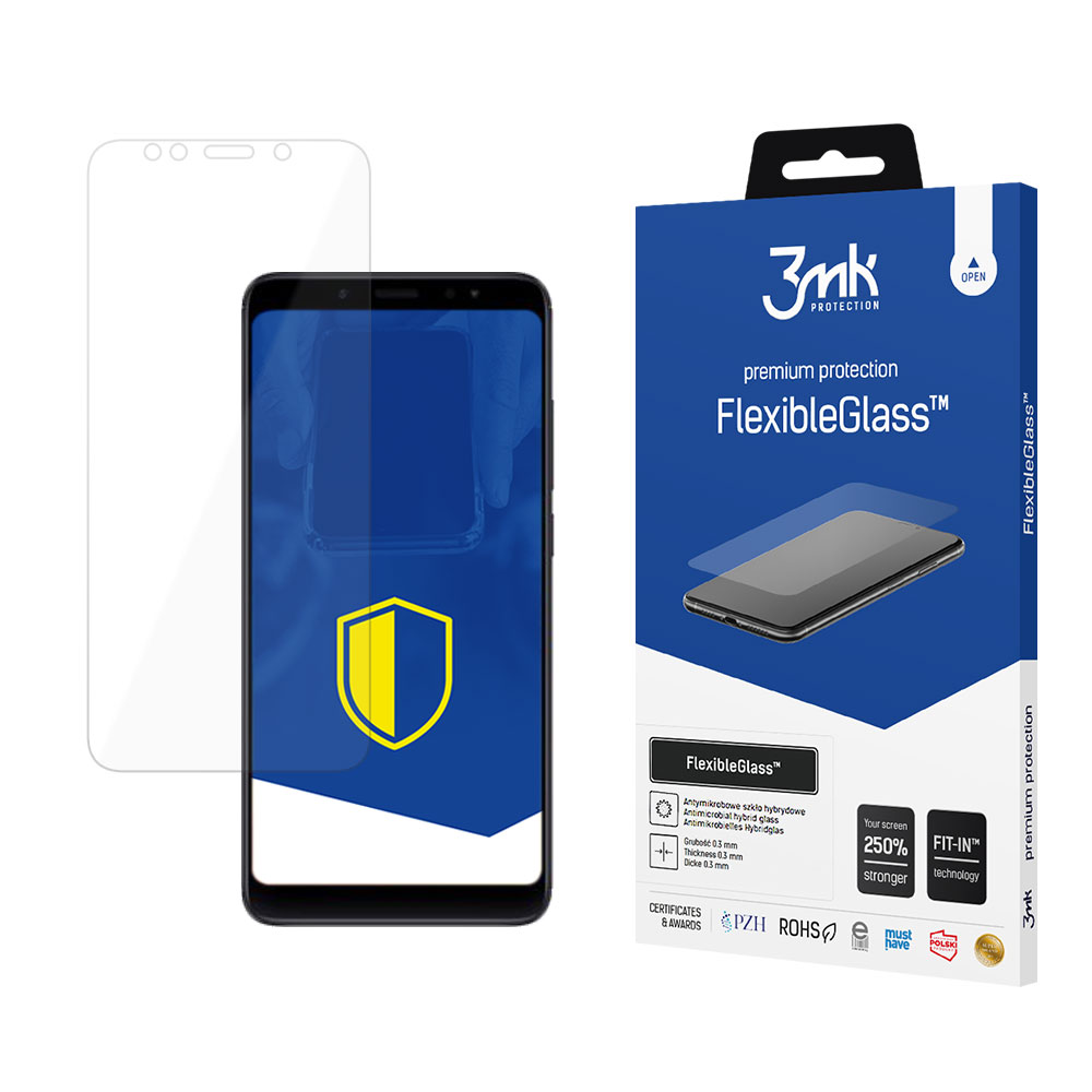 Un proteggi schermo, un telefono e una scatola. La scatola pubblicizza la protezione FlexibleGlass. Il telefono ha un logo a scudo giallo.
