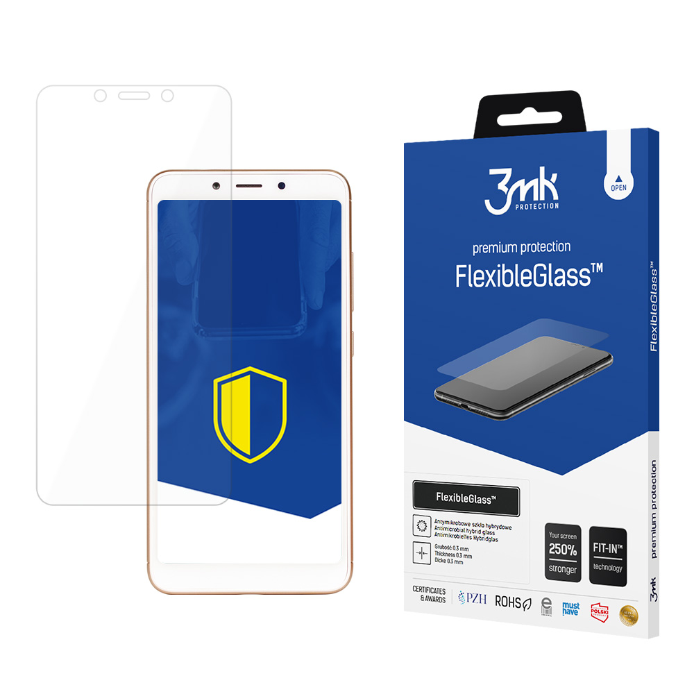 Egy telefon képernyővédővel a FlexibleGlass doboz mellett. A védő a telefon képernyőjén van, egy pajzs logóval.
