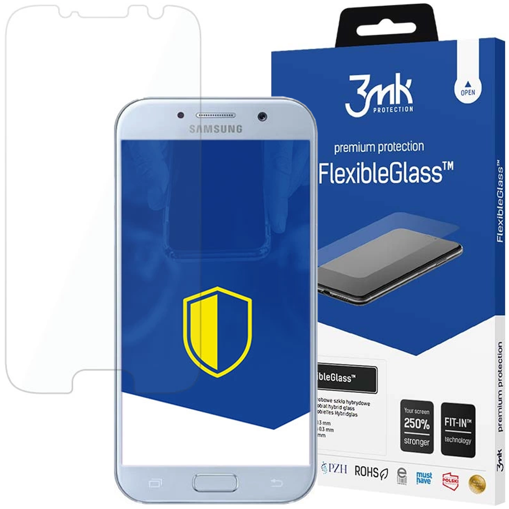 Un telefono con protezione schermo, scatola e protezione separata. La scatola dice 'FlexibleGlass' e 'Samsung'.