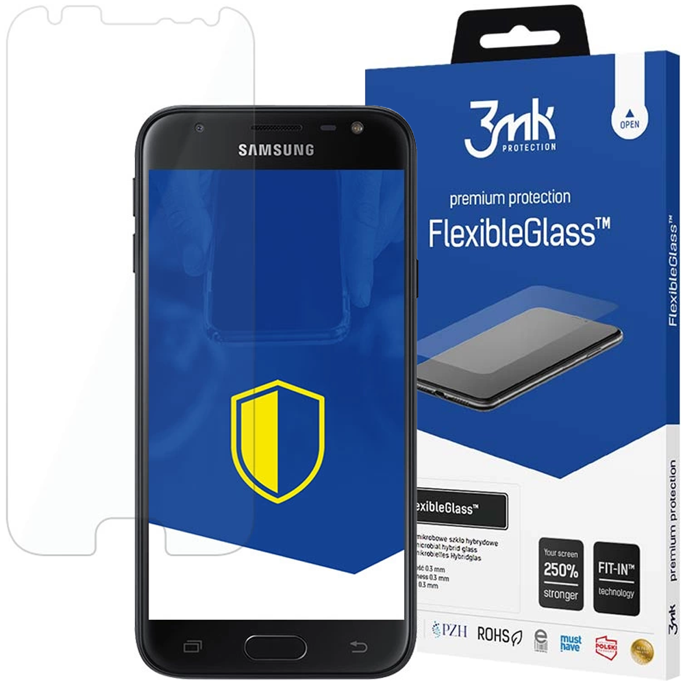 Un telefono con protezione schermo, una scatola di FlexibleGlass e una protezione schermo sono su una superficie bianca.
