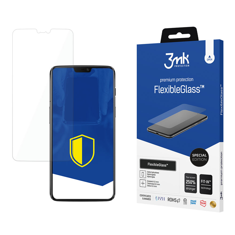 Un telefono con protezione schermo, una scatola di FlexibleGlass e un foglio di vetro separato sono mostrati su sfondo bianco.