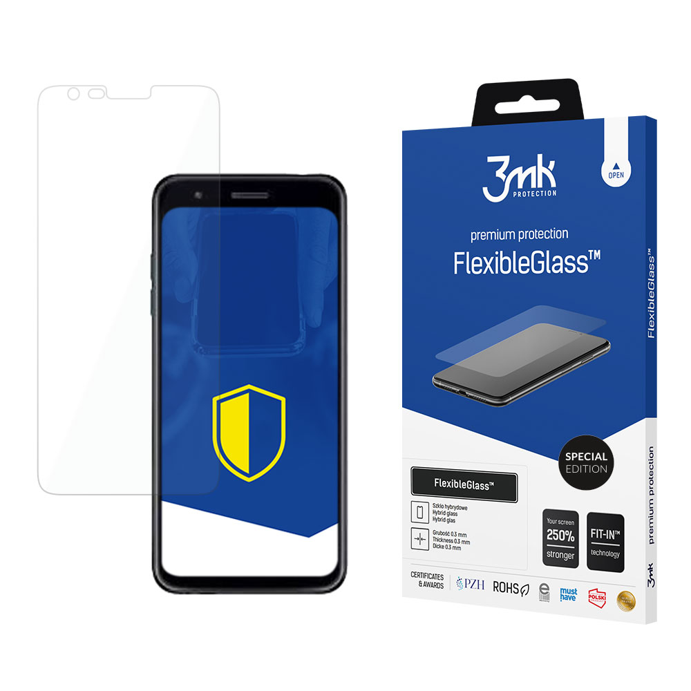 Un telefono con protezione schermo, una scatola con la scritta 'FlexibleGlass' e una protezione schermo trasparente sono esposti.