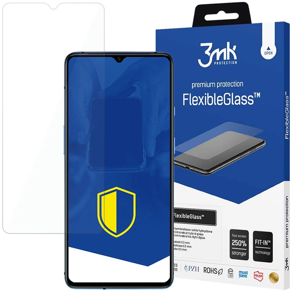 Un telefono con protezione schermo, una scatola di FlexibleGlass e un protettore. Il telefono mostra uno scudo.