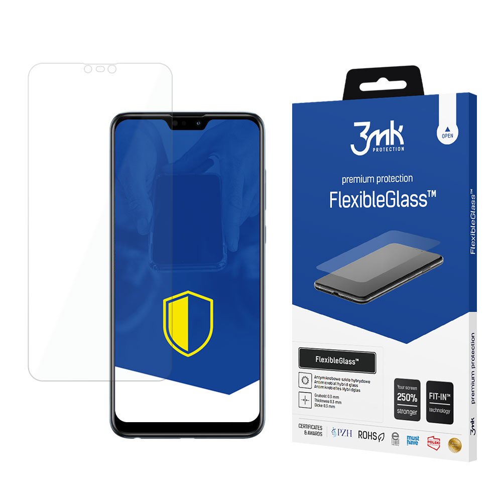 Un telefono con protezione schermo accanto alla confezione FlexibleGlass. La scatola mostra un telefono e i dettagli del prodotto.