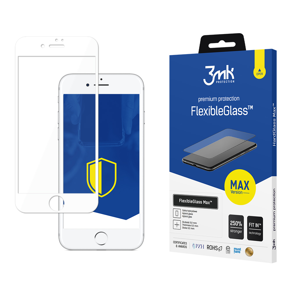 L'immagine mostra una protezione per lo schermo del telefono accanto alla sua confezione. La scatola dice 'FlexibleGlass Max' e ha un grafico del telefono.