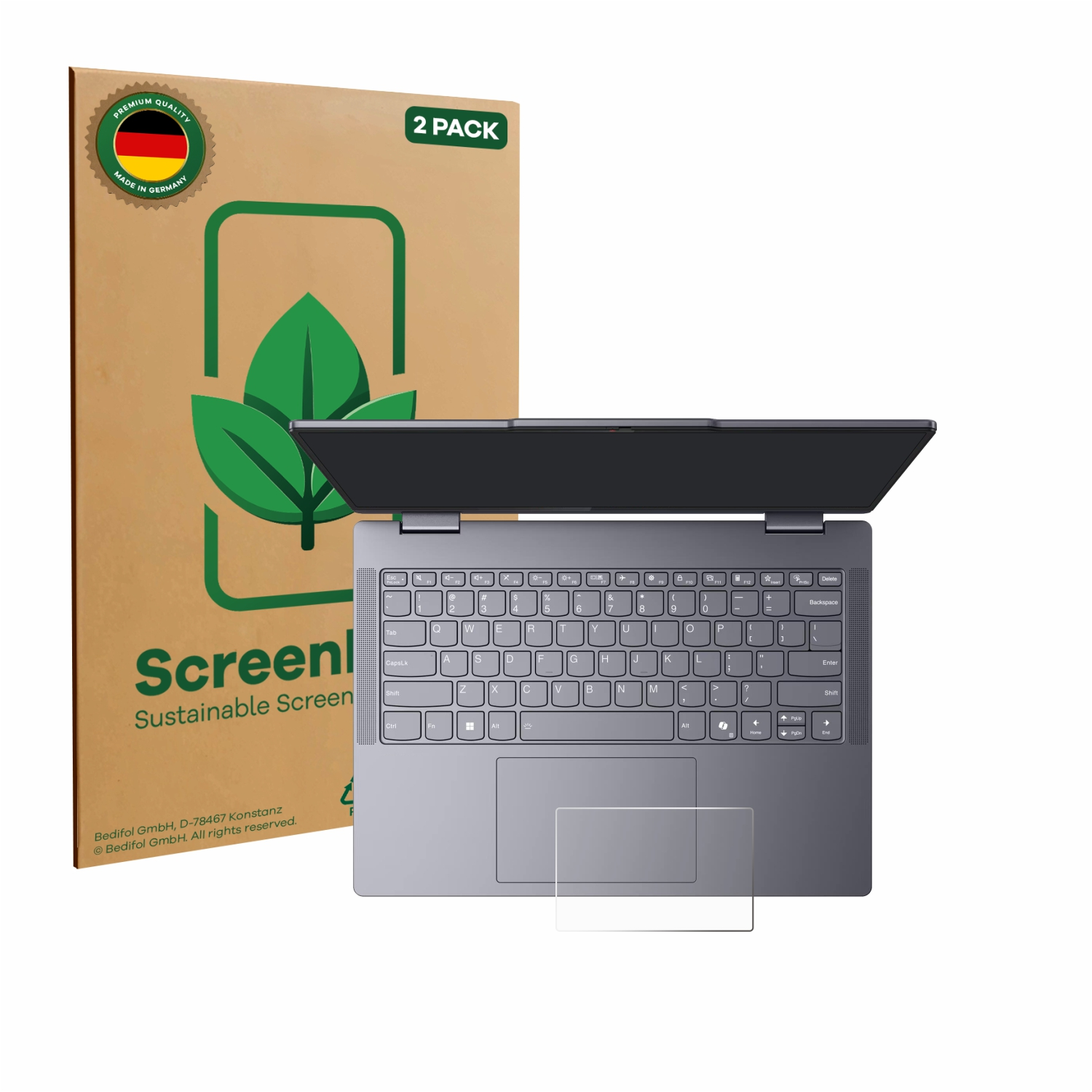 Laptop mit Displayschutzfolie neben einem Karton mit der Aufschrift '2er Pack' und 'Made in Germany'.