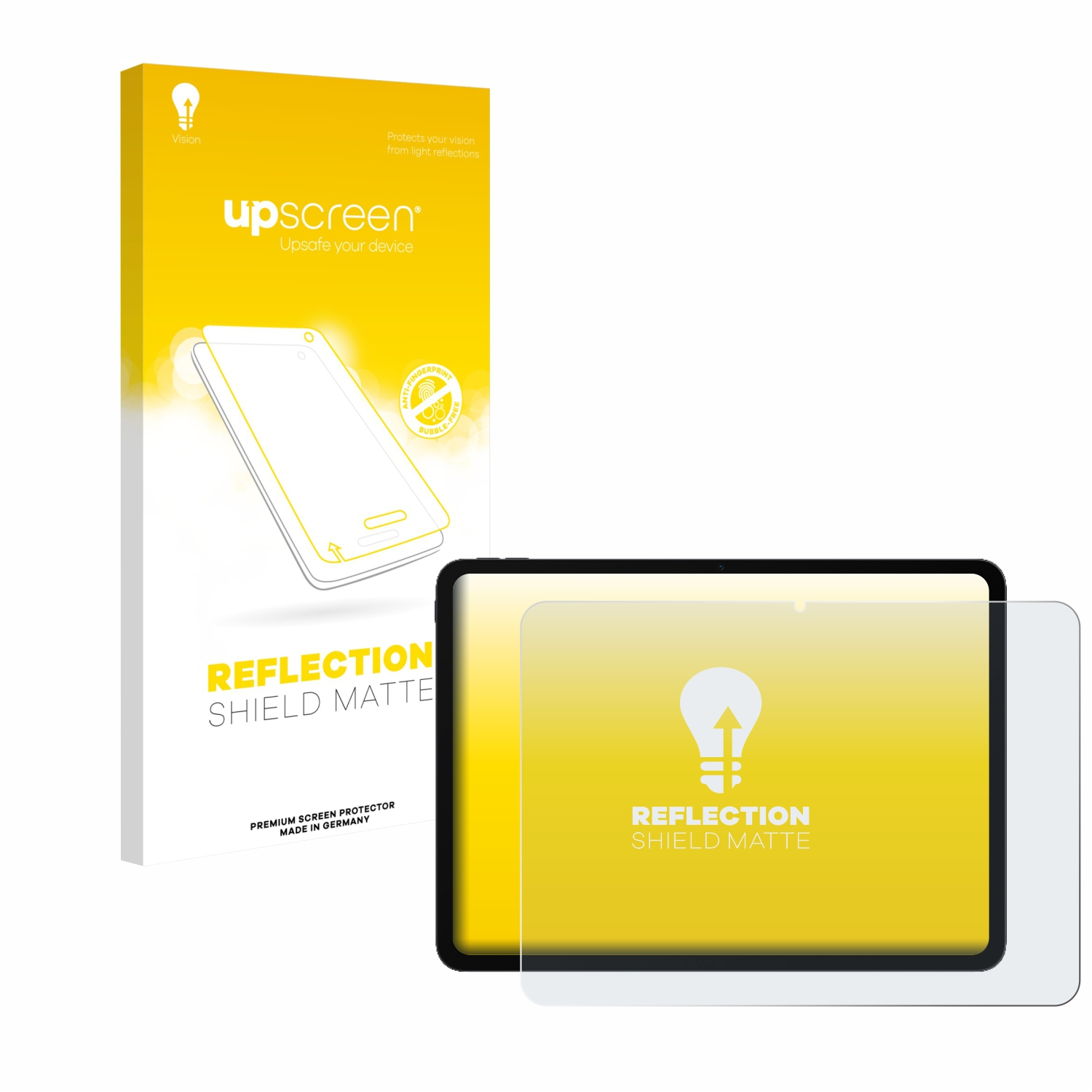 Ein Tablet mit Displayschutz und die Verpackung. Die Verpackung ist gelb und weiß. Auf der Verpackung steht 'Reflection Shield Matte'.