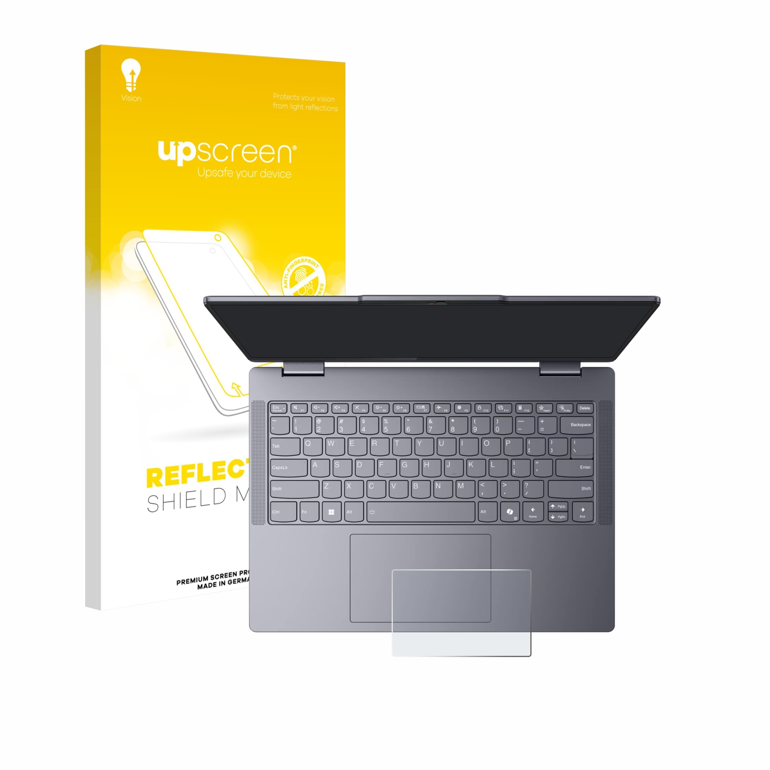 Ein Laptop mit Displayschutzfolie neben der Verpackung, beide mit der Marke 'upscreen'. Der Laptop ist geöffnet und zeigt die Tastatur und das Touchpad.