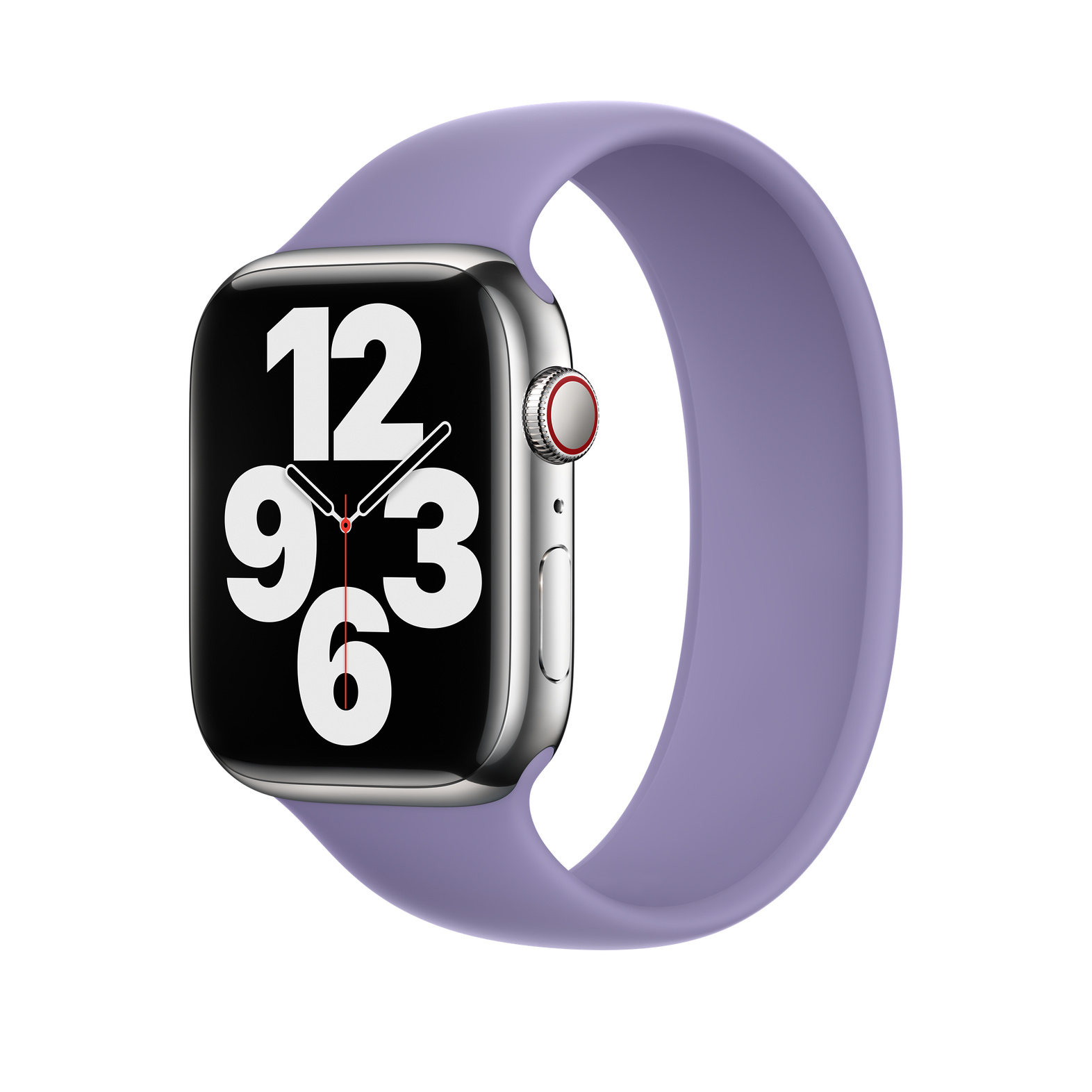 Zilveren Apple Watch met lavendelkleurige band. De wijzerplaat toont de tijd. Witte achtergrond.