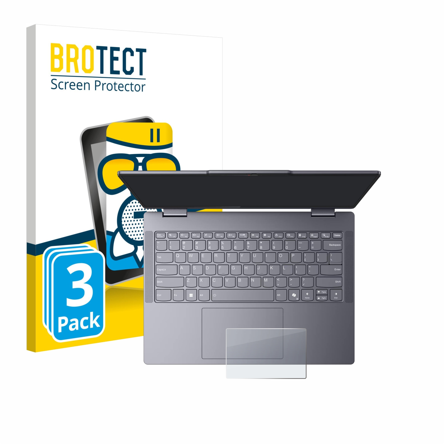 Ein Laptop mit einem Displayschutz auf der Tastatur und eine Schachtel mit Schutzfolien. Auf der Schachtel steht 'BROTECT Screen Protector' und '3er Pack'.
