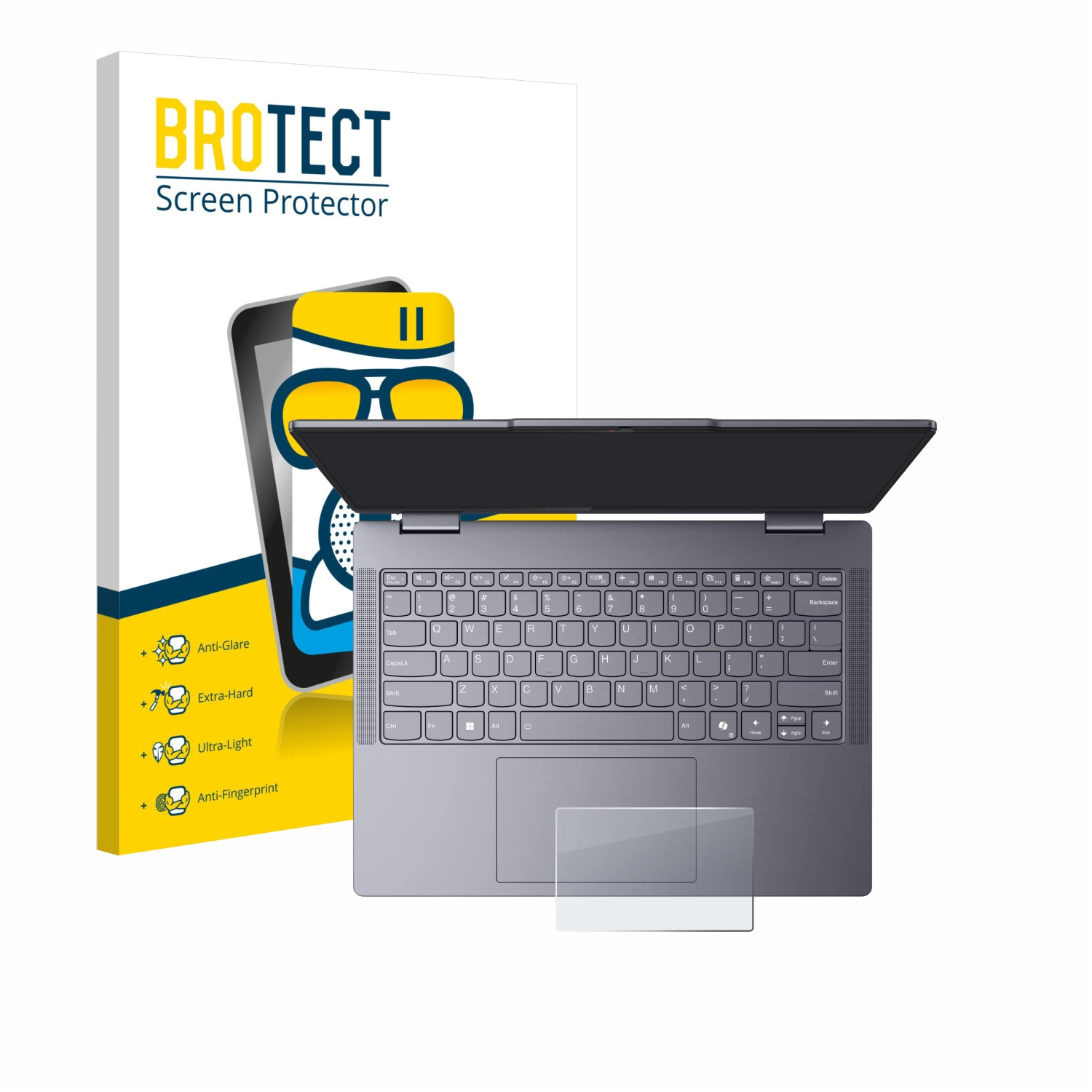 Laptop mit Displayschutzbox. Die Box trägt den Text "BROTECT Screen Protector". Anti-Glare, extrahart, ultraleicht und Anti-Fingerprint.