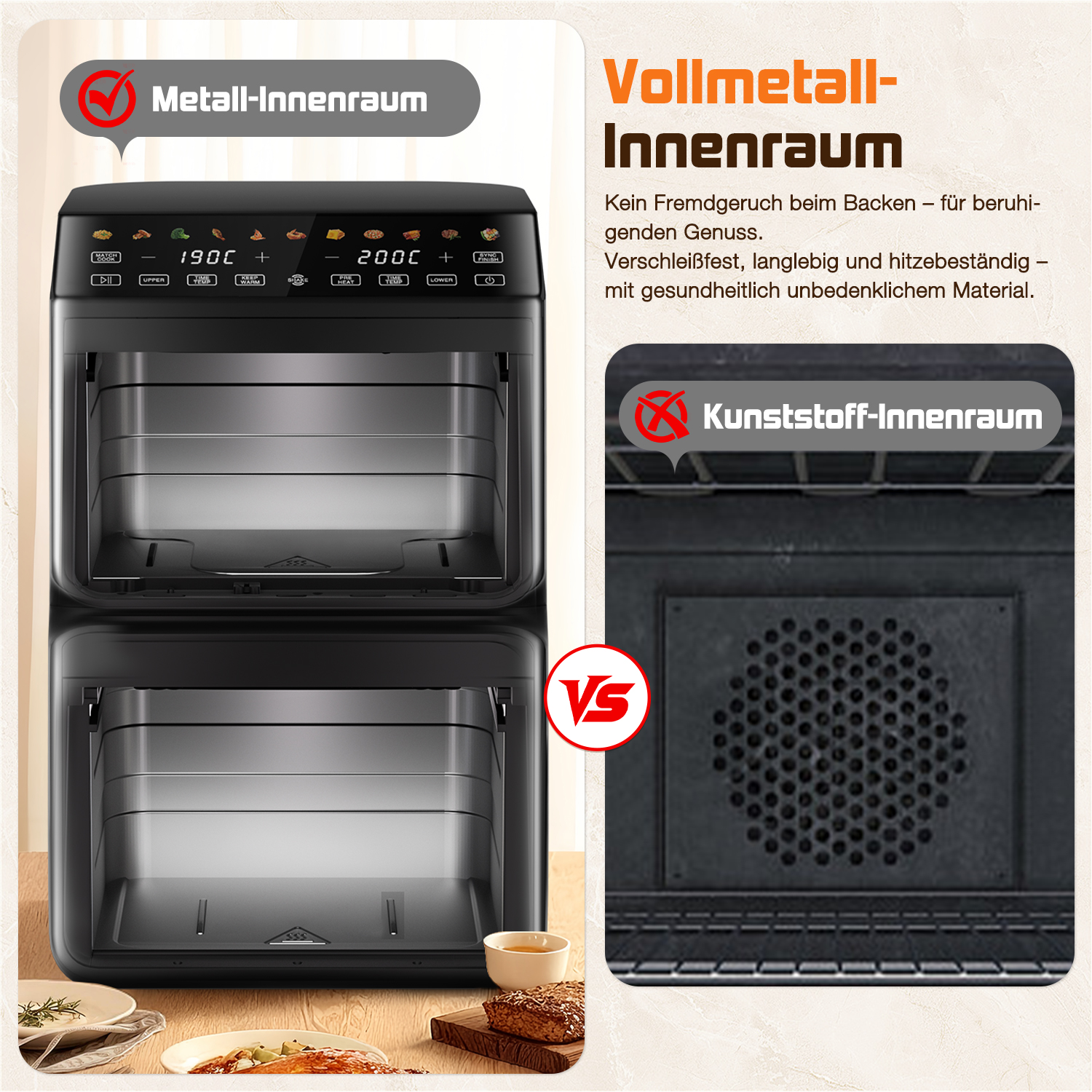 Vergleich von zwei Airfryern. Einer mit Metall, der andere mit Kunststoff. Essen ist unten abgebildet.