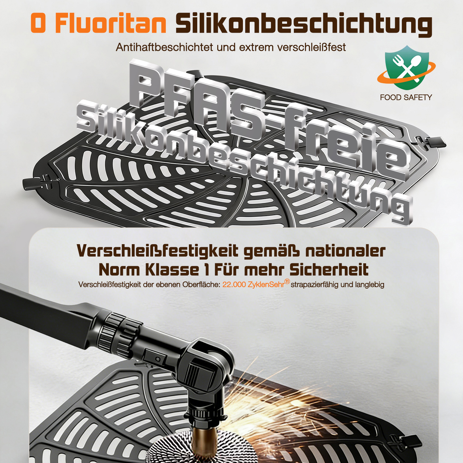 Das Bild zeigt ein Produkt mit Text über Antihaft-Silikonbeschichtung, Lebensmittelsicherheit und Verschleißfestigkeit.