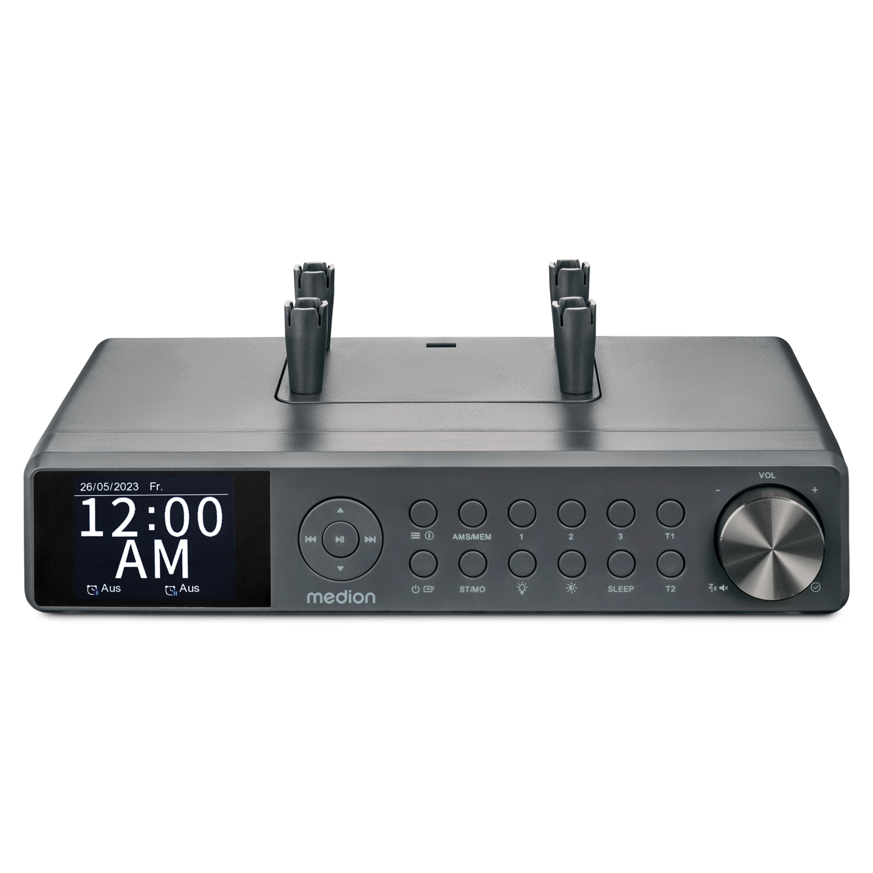 A gray Medion radio clock, showing 12:00 AM. It has buttons and a volume knob. It also has two charging docks.