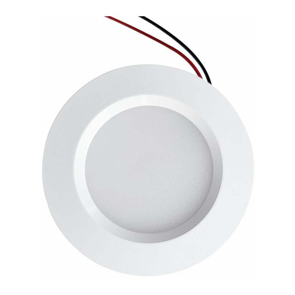 Eine weiße LED-Einbauleuchte mit roten und schwarzen Drähten. Das Licht hat ein kreisförmiges Design mit hellem Zentrum.