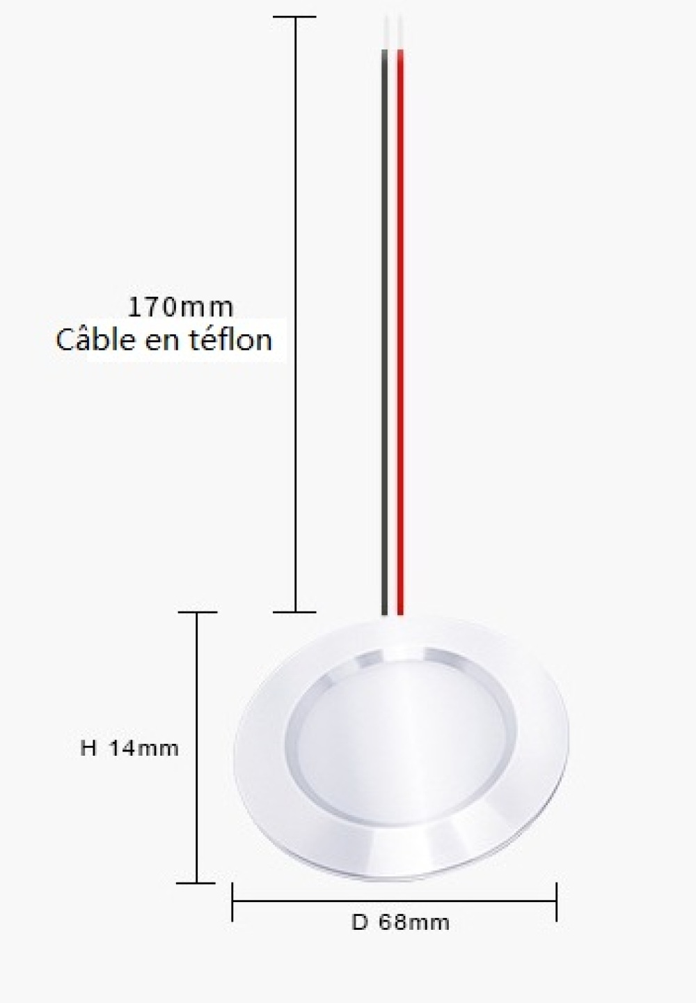 Eine weiße, kreisförmige LED-Leuchte mit Abmessungen. Sie hat schwarze und rote Drähte, die nach oben verlaufen, mit einem 170 mm Kabel.