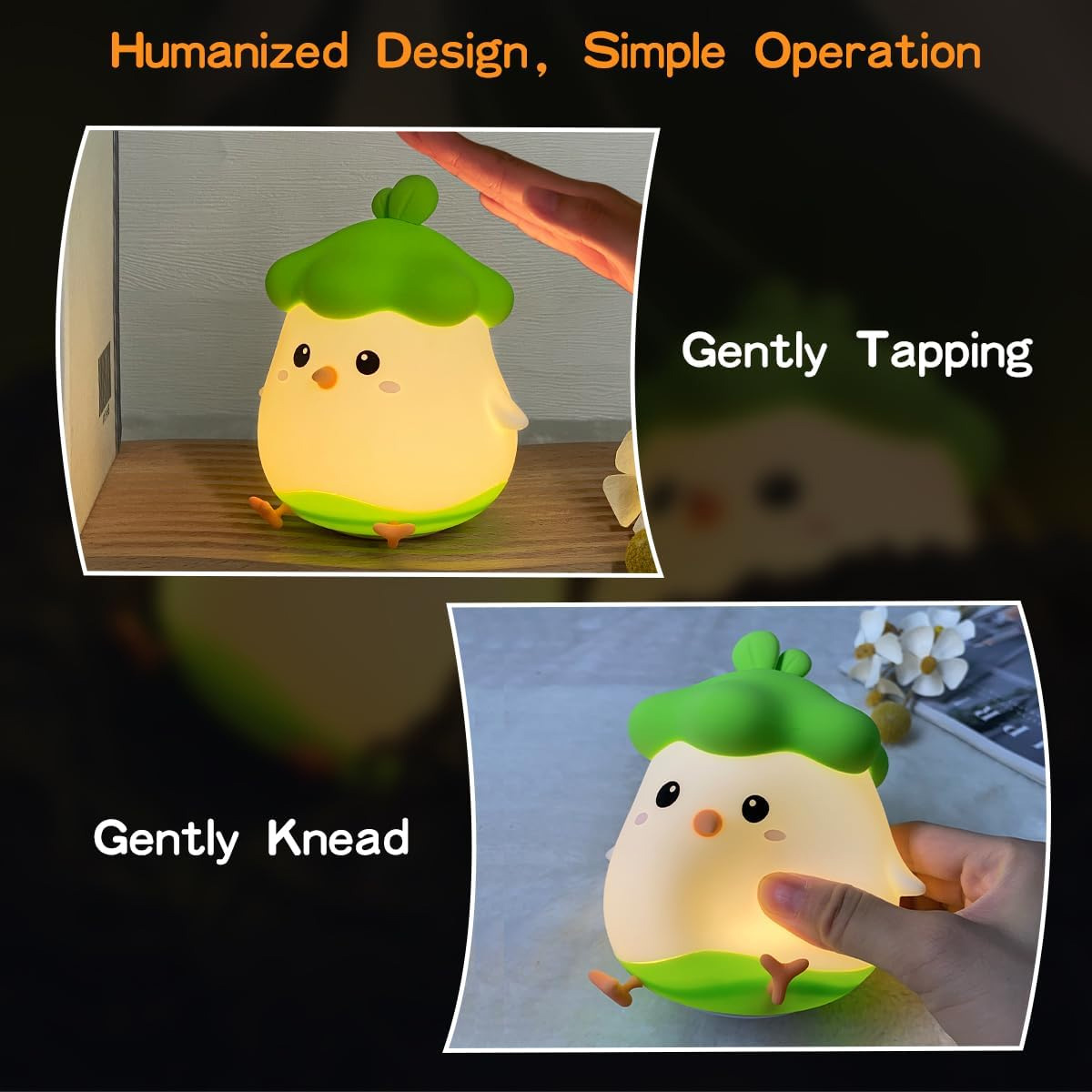 Eine Cartoon-Lampe in Form eines Vogels mit grünen Blättern. Text lautet "Humanisiertes Design, einfache Bedienung" und "Sanftes Tippen/Kneten".