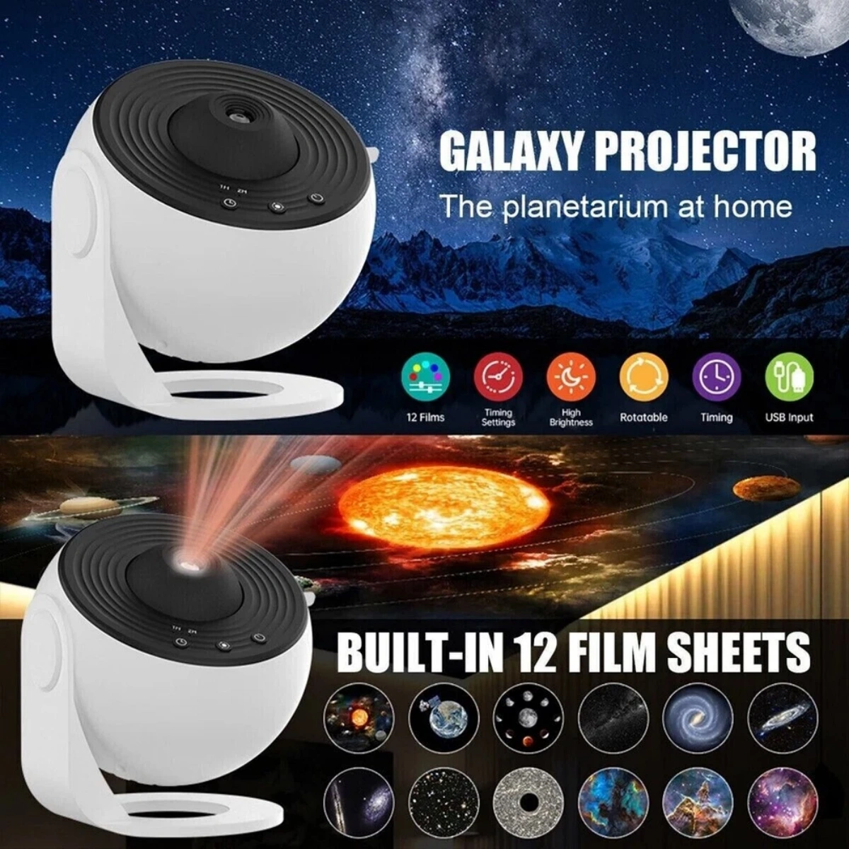 Ein weißer und schwarzer Galaxy-Projektor. Er projiziert Bilder des Nachthimmels, einschließlich Sterne und Galaxien. Er hat 12 integrierte Filmblätter.