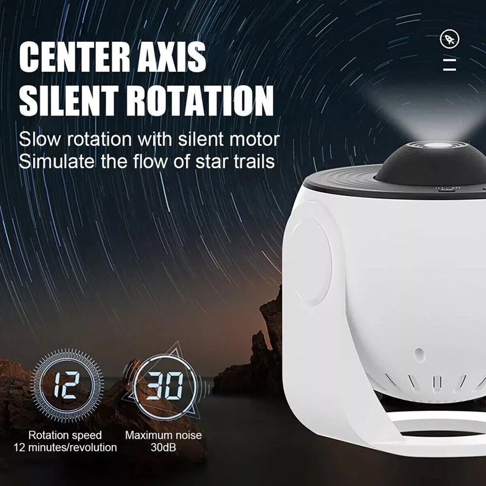 Ein weißer und schwarzer Sternprojektor mit Text: Center Axis Silent Rotation. Zeigt Rotationsgeschwindigkeit und maximales Geräusch.