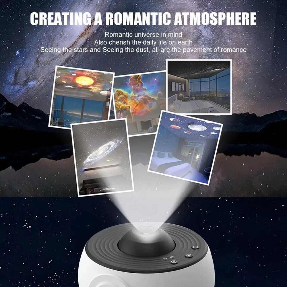Ein Sternprojektor mit Bildern von Galaxien und Räumen. Text: Erschaffen Sie eine romantische Atmosphäre. Enthält Bilder von projizierten Szenen.