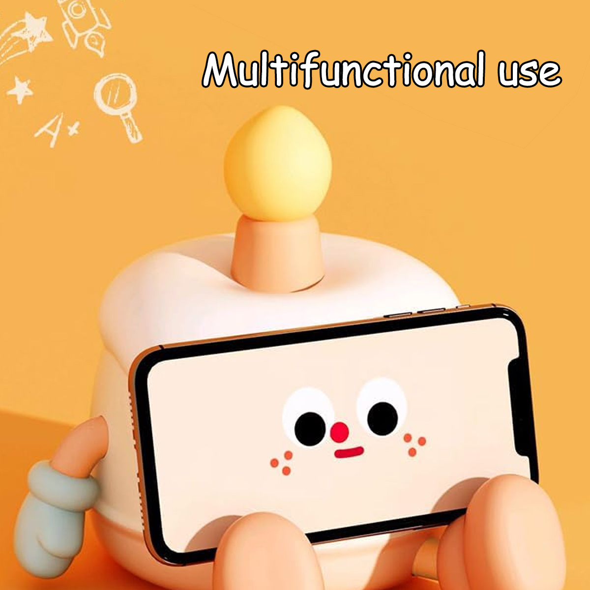 Ein Telefon mit einem Cartoon-Gesicht wird von einer Figur gehalten. Auf einem weißen, abgerundeten Sockel sitzt ein gelbes Licht. Der Hintergrund ist orange.