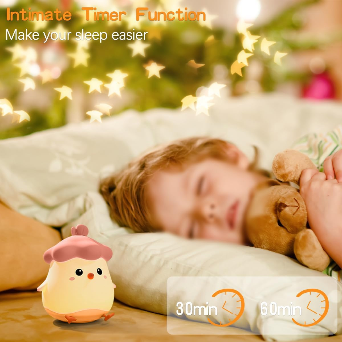 Ein Kind schläft mit einem Teddybär. Links ist eine gelbe Kükenlampe. Timer-Optionen: 30 und 60 Minuten.