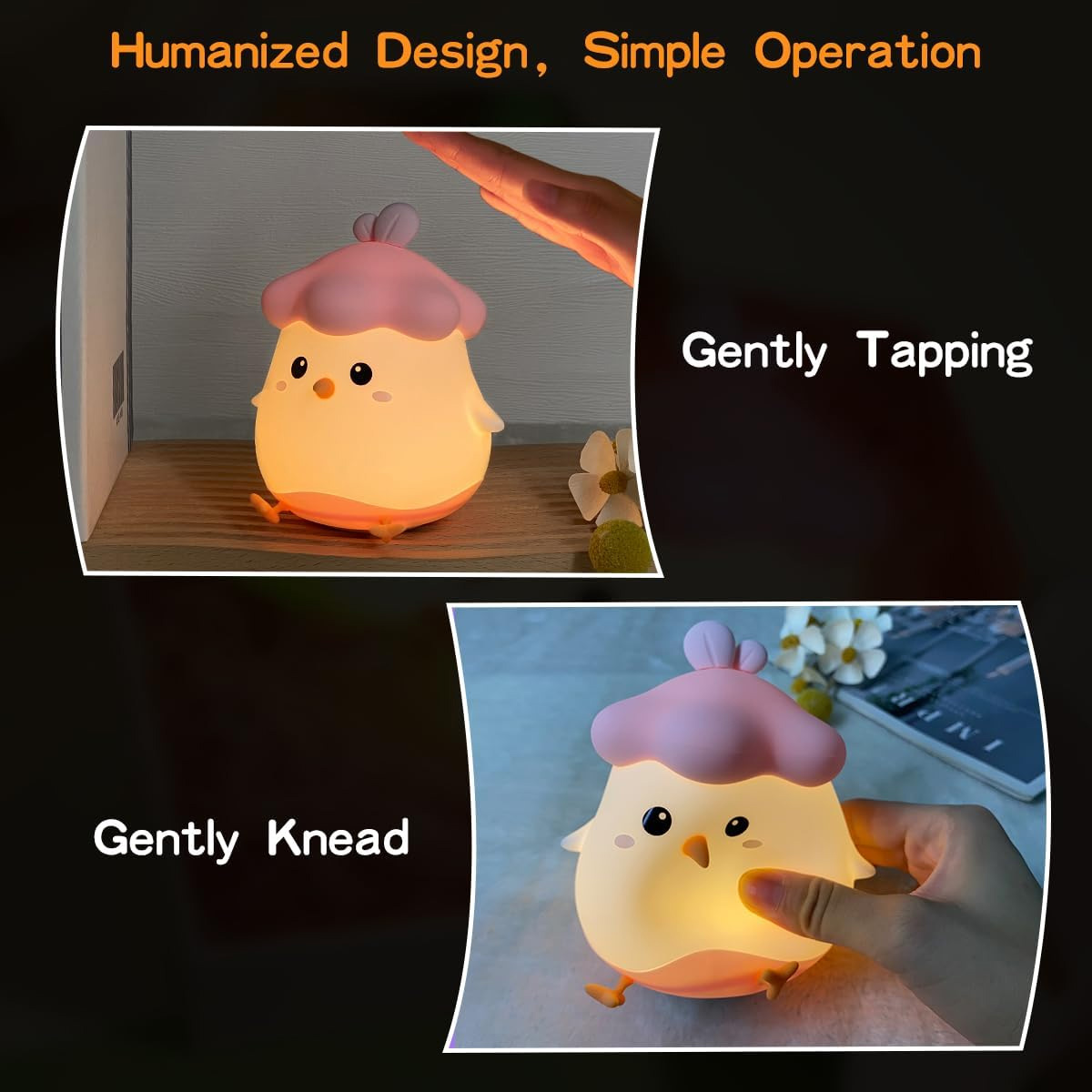 Ein Cartoon-Küken-Nachtlicht, weiß und rosa. Eine Hand tippt auf das Licht. Die Worte 'Humanized Design' sind sichtbar.