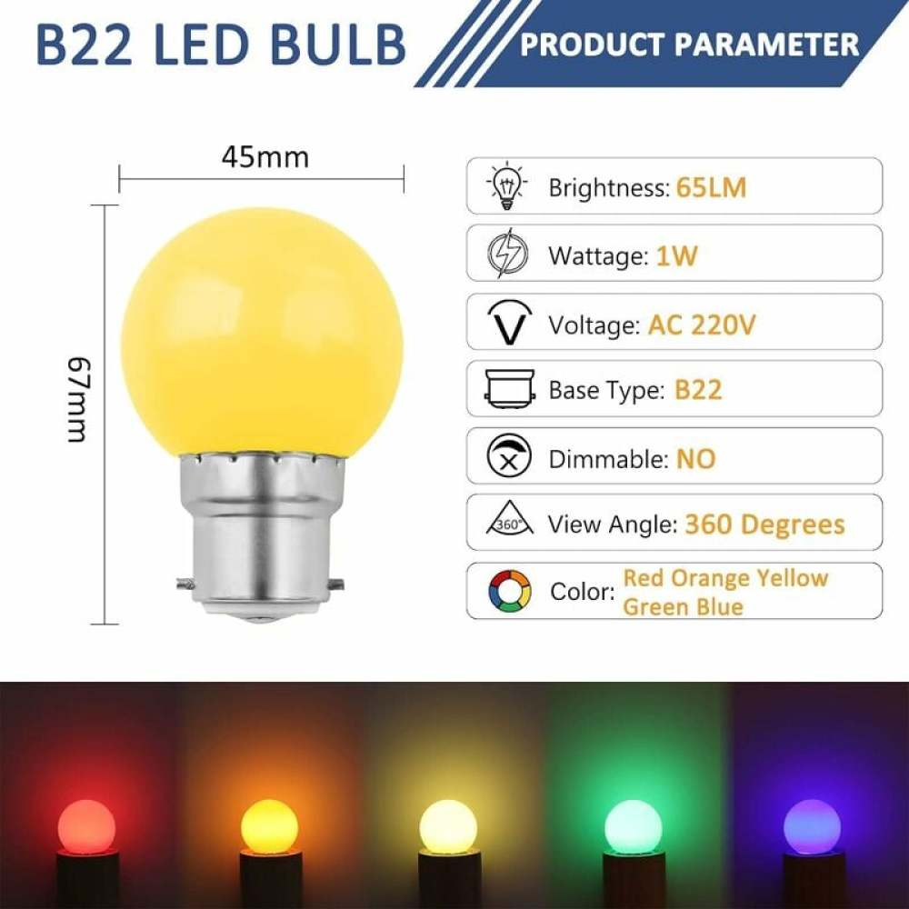 Eine gelbe B22 LED-Glühbirne wird mit Produktparametern gezeigt: Helligkeit 65LM, Leistung 1W, Spannung AC 220V und Sockeltyp B22.