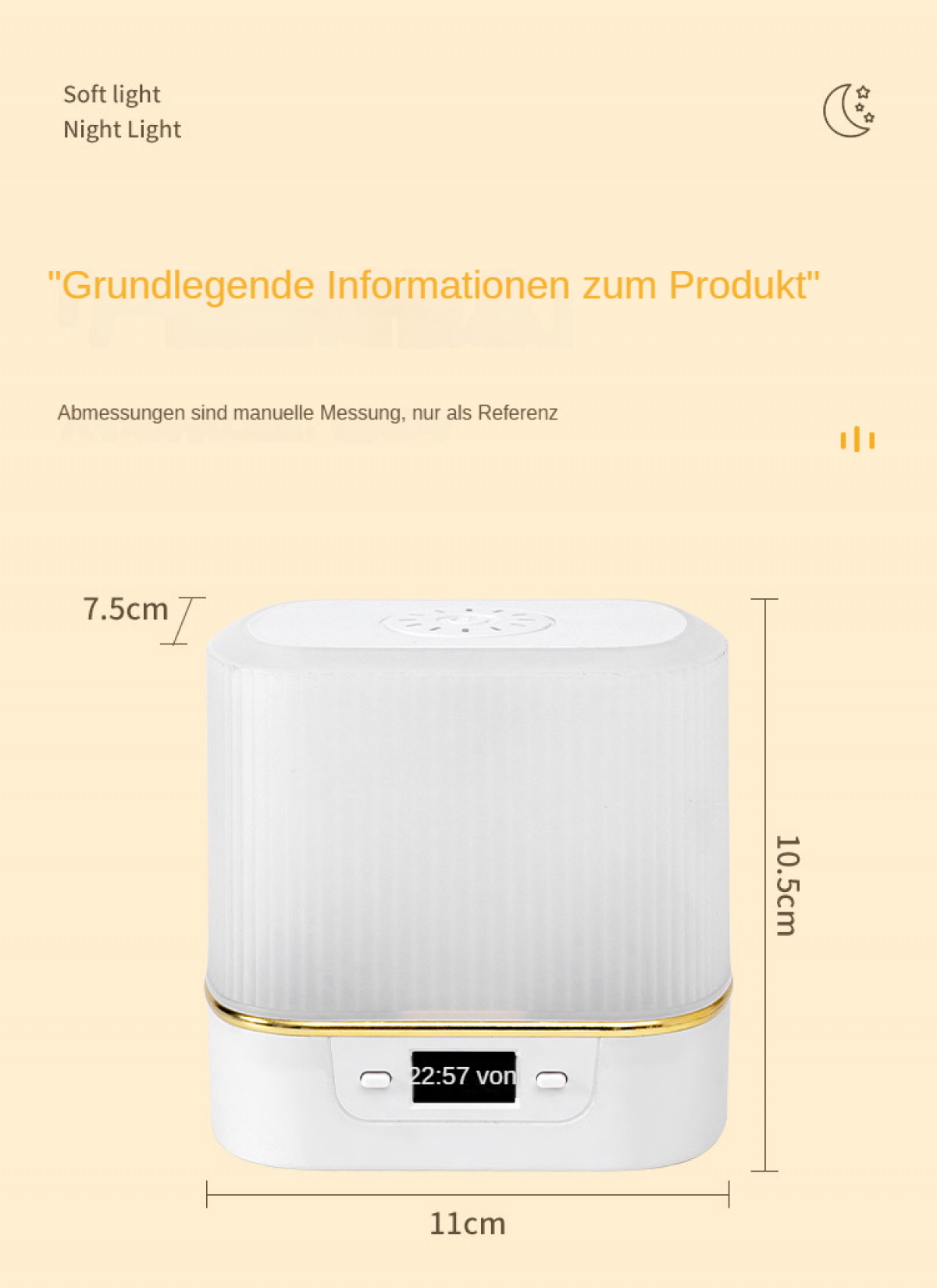 Weißes Nachtlicht mit goldenem Rand, das die Uhrzeit anzeigt. Abmessungen: 7,5 cm, 10,5 cm, 11 cm. Text: Soft Light, Night Light.