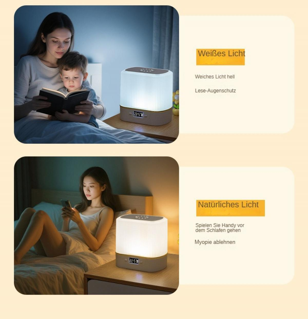 Eine Frau und ein Kind lesen bei einer Lampe. Die Lampe zeigt '22:57'. Eine andere Frau benutzt ihr Telefon in der Nähe einer ähnlichen Lampe.