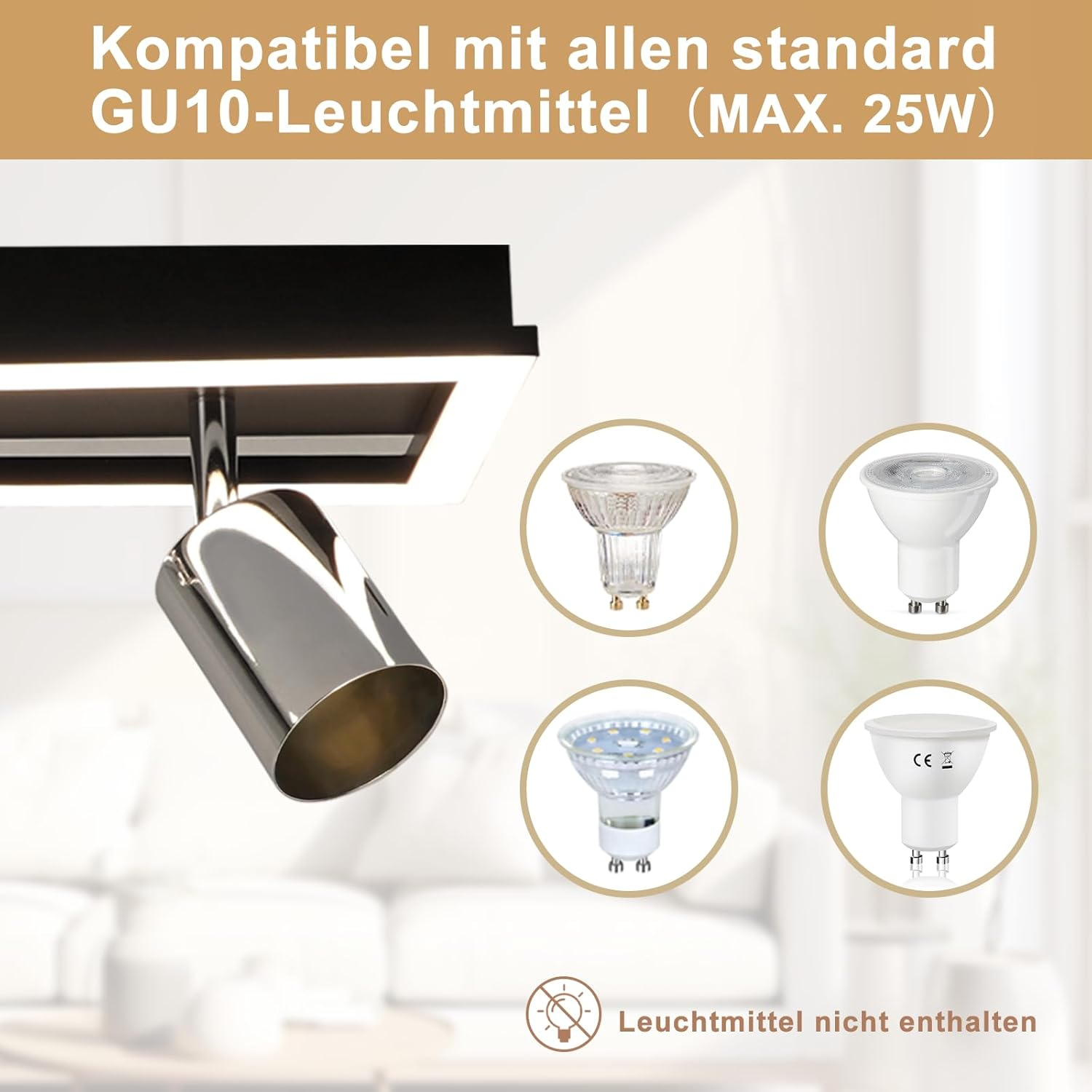 Una lampada moderna con un faretto e quattro diverse lampadine GU10. Il testo indica la compatibilità e 'Leuchtmittel nicht enthalten'.